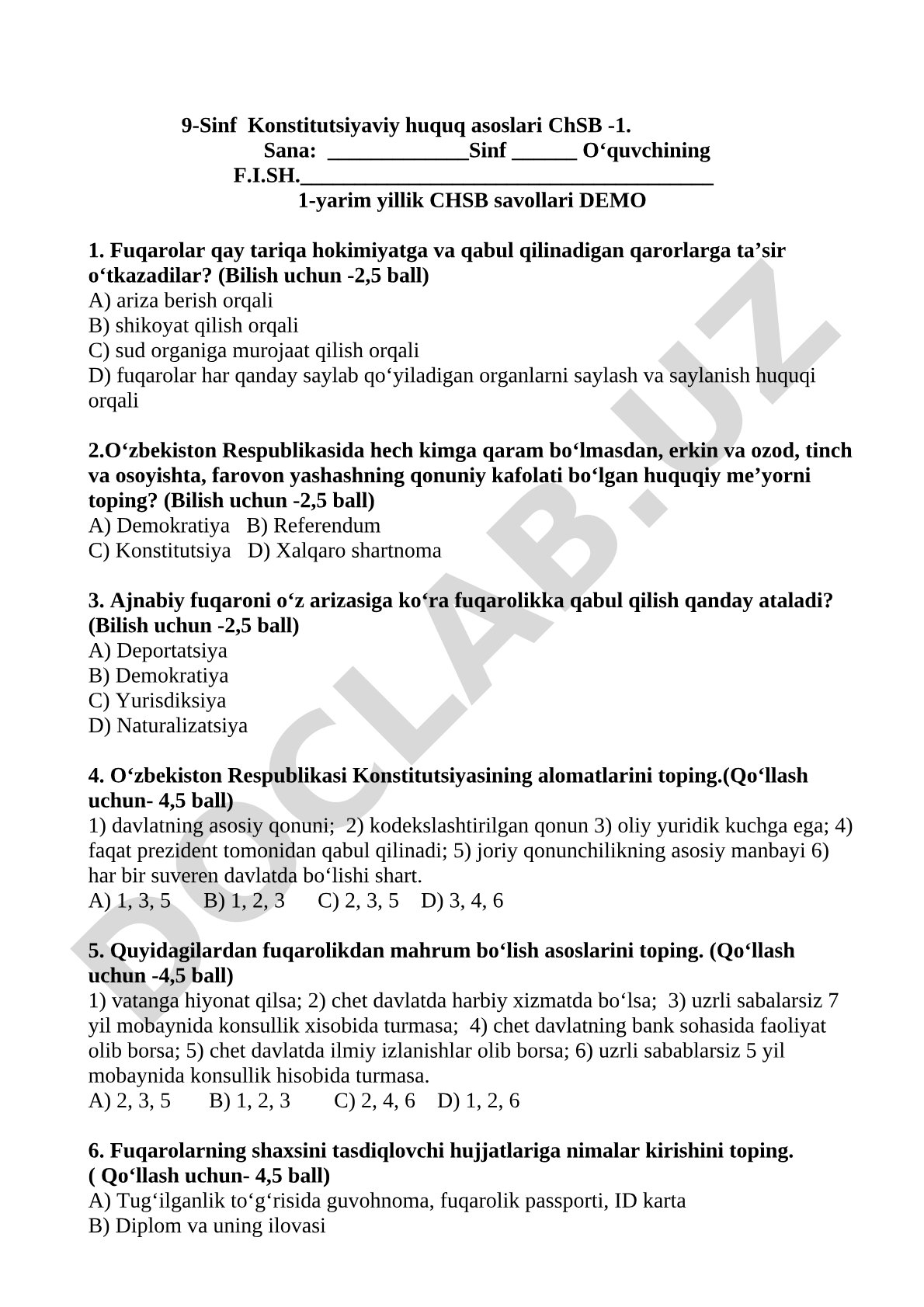 9-sinf Konstitutsiyaviy huquq asoslari CHSB-1 demo test savollari
