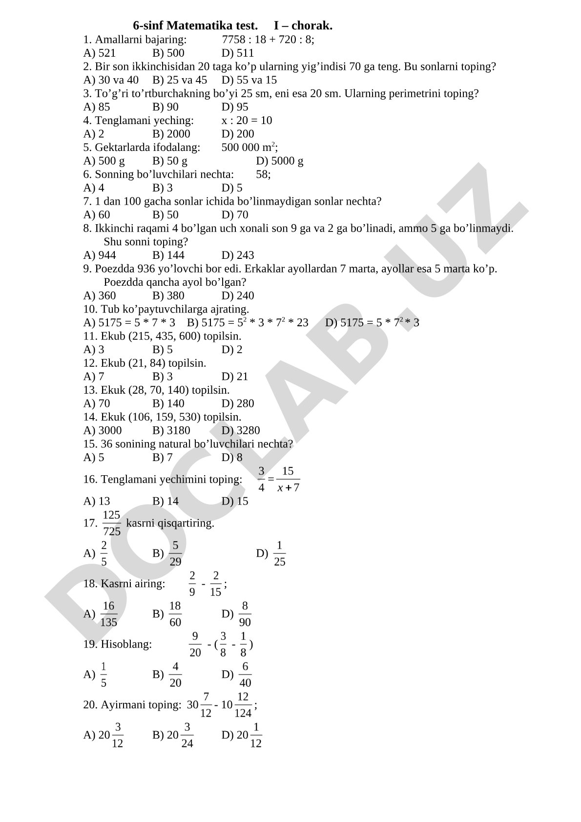 6-sinf Matematika test. I – chorak