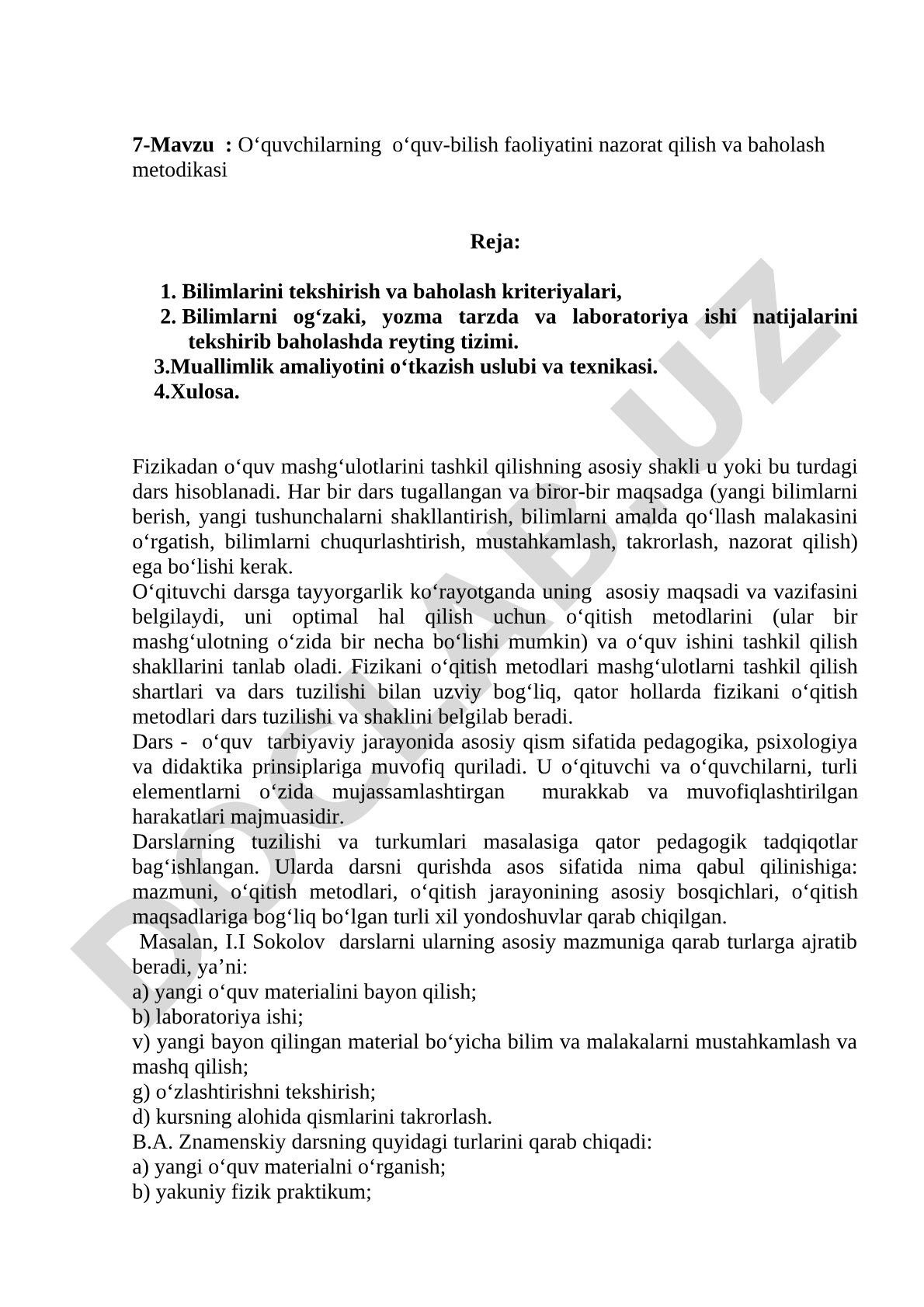 O‘quvchilarning o‘quv-bilish faoliyatini nazorat qilish va baholash metodikasi