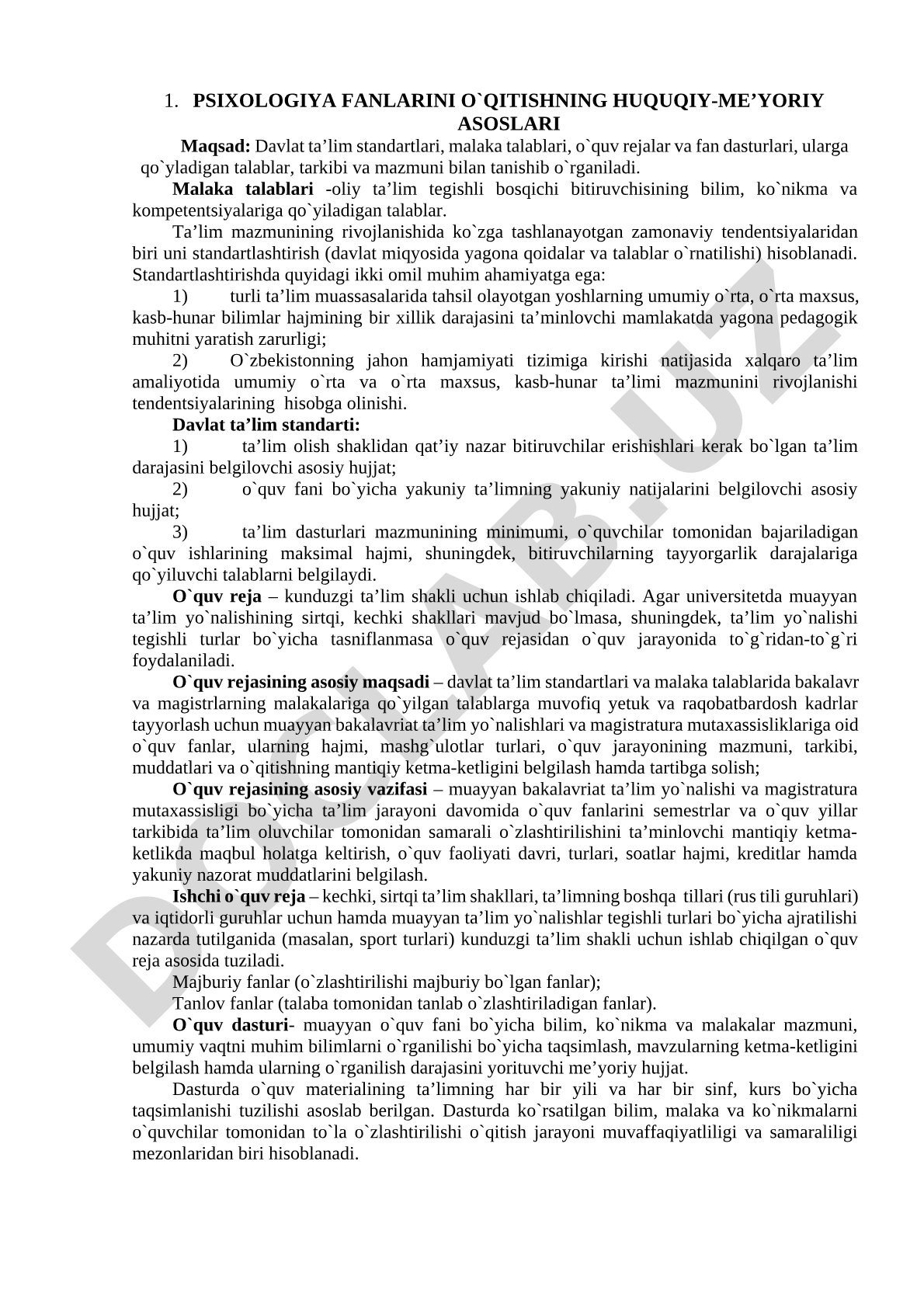 Psixologiya fanlarini o`qitishning huquqiy-me’yoriy asoslari