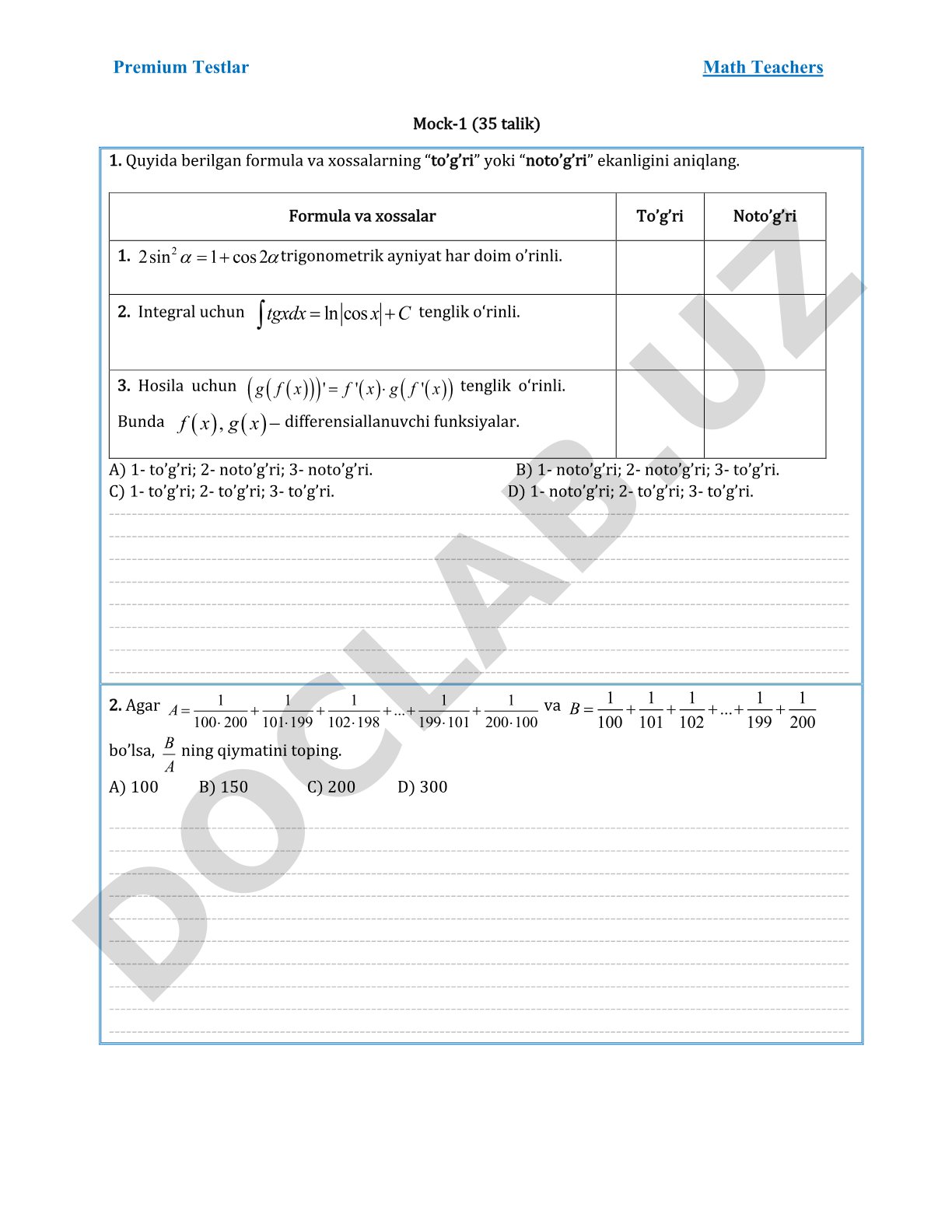 Premium Testlar Math Teachers Mock-1 (35 talik)