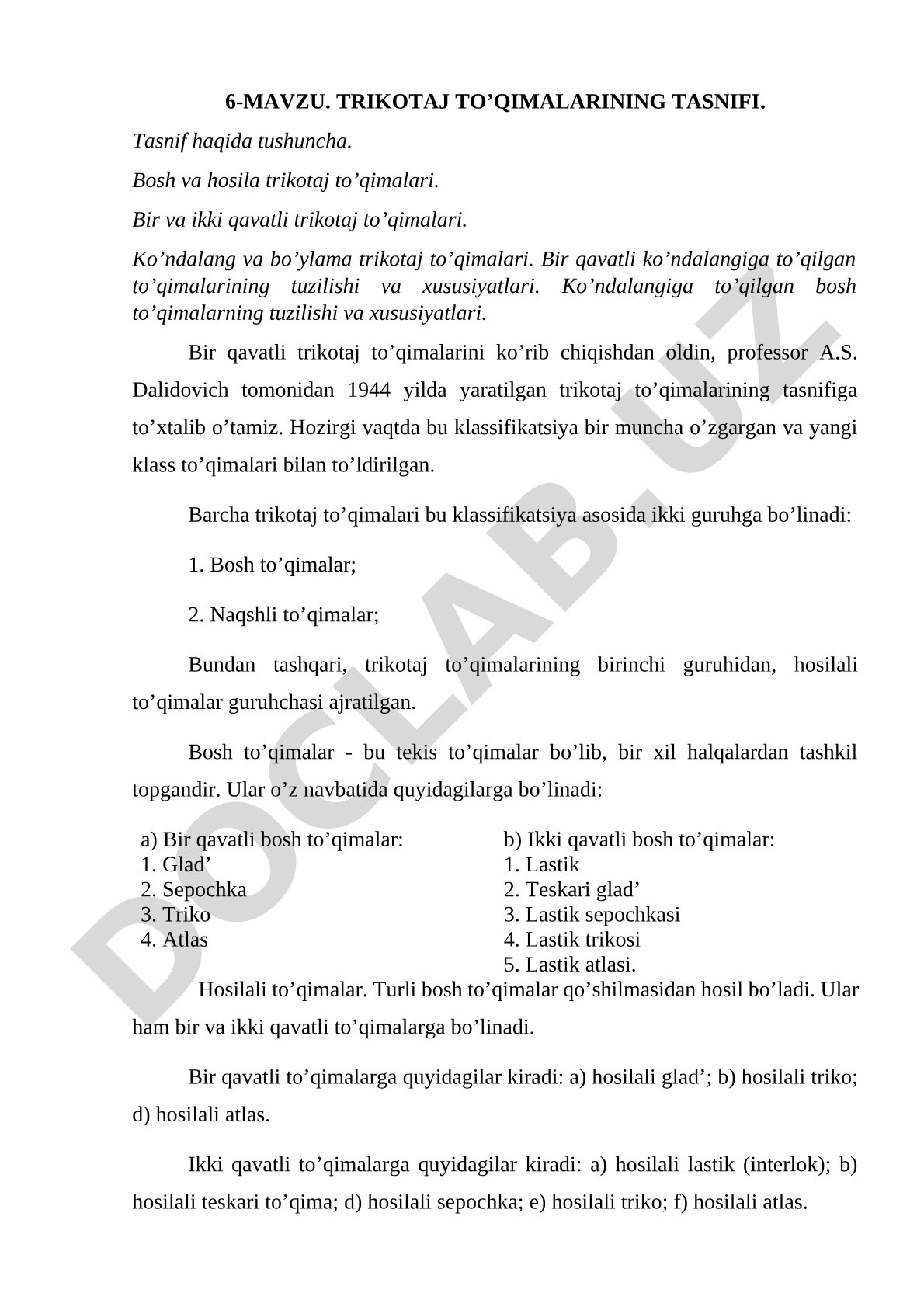 Trikotaj to'qimalarining tasnifi, turlari va tuzilish xususiyatlari