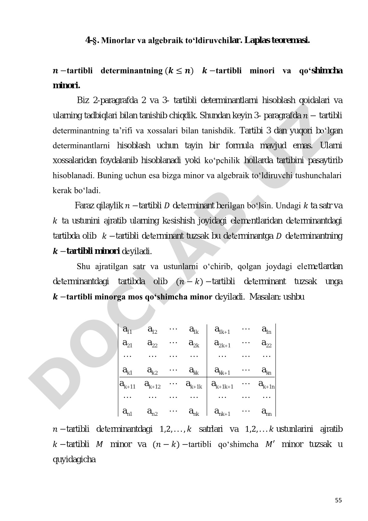 Minorlar va algebraik to‘ldiruvchilar. Laplas teoremasi