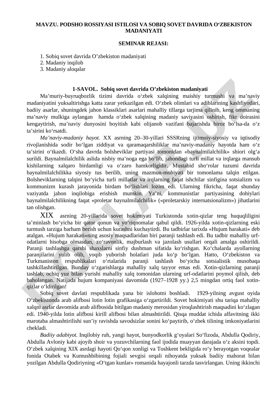 Podsho Rossiyasi istilosi va sobiq sovet davrida O‘zbekiston madaniyati