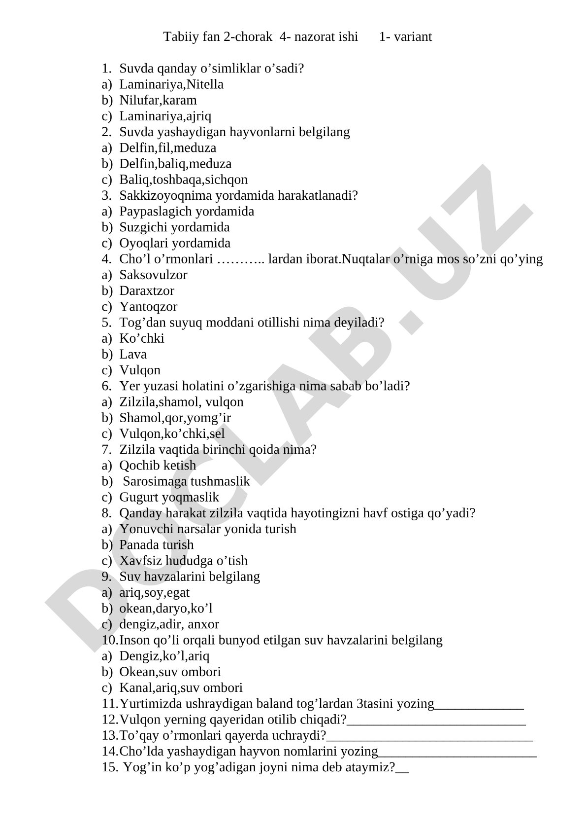 Tabiiy fan 2-chorak 4- nazorat ishi 1- variant