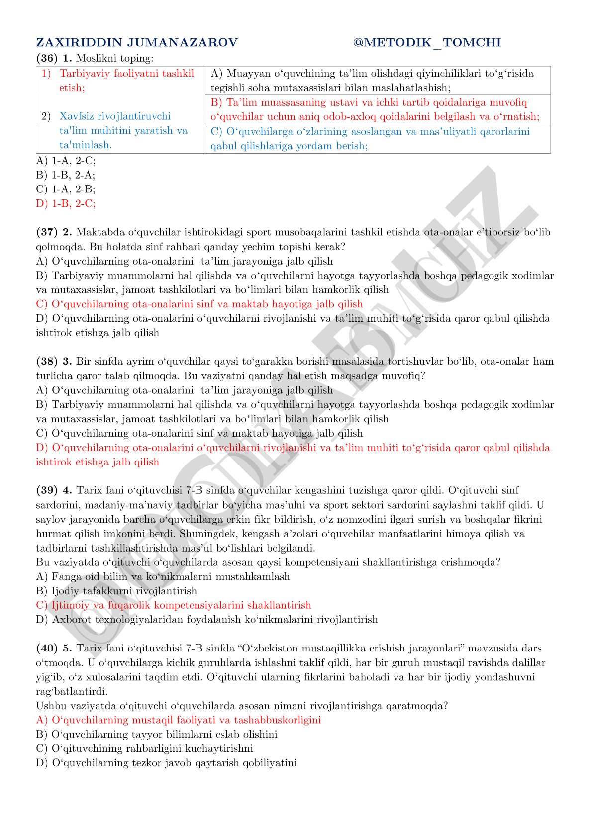 Sinf rahbari tarbiyaviy ishlari va ota-onalar bilan hamkorlik testi