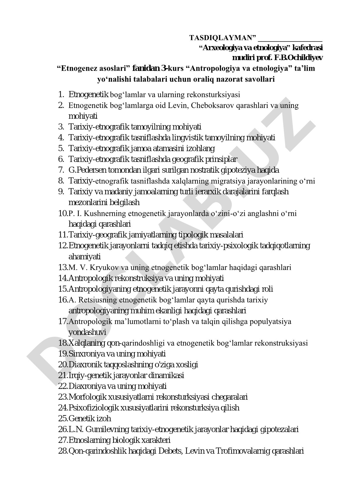 Etnogenez asoslari fanidan oraliq nazorat savollari