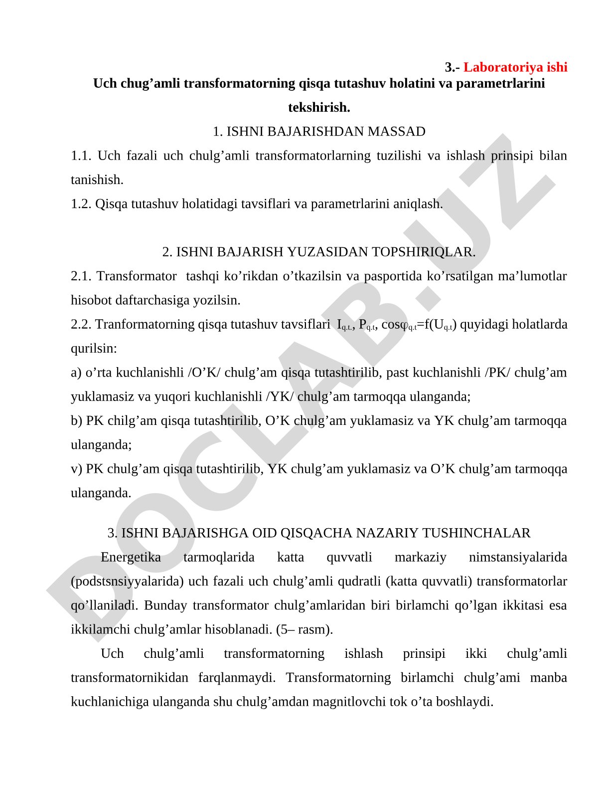 Uch chug’amli transformatorning qisqa tutashuv holatini va parametrlarini tekshirish