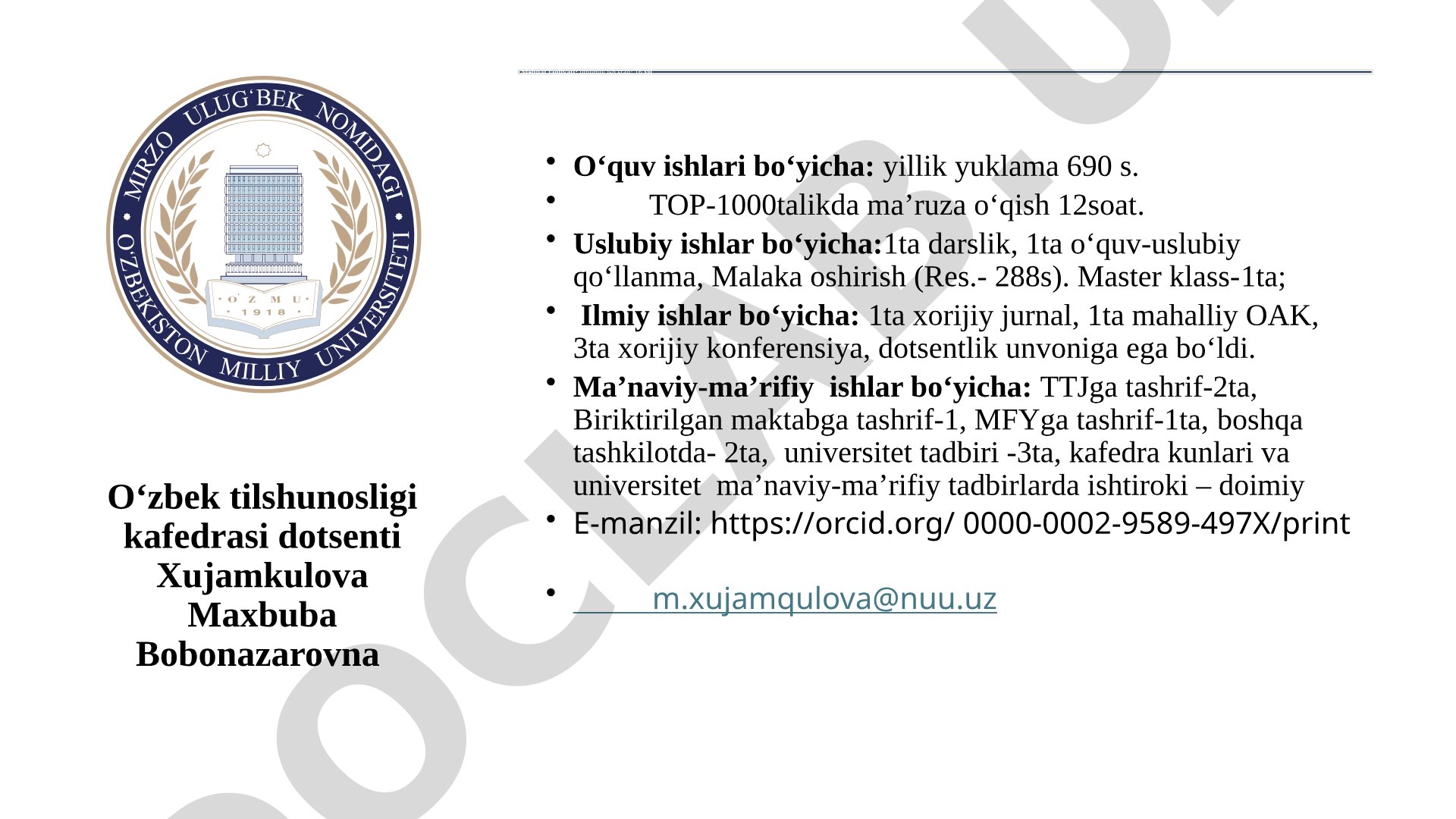 O‘zbek tilshunosligi kafedrasi dotsenti Xujamkulova Maxbuba Bobonazarovna