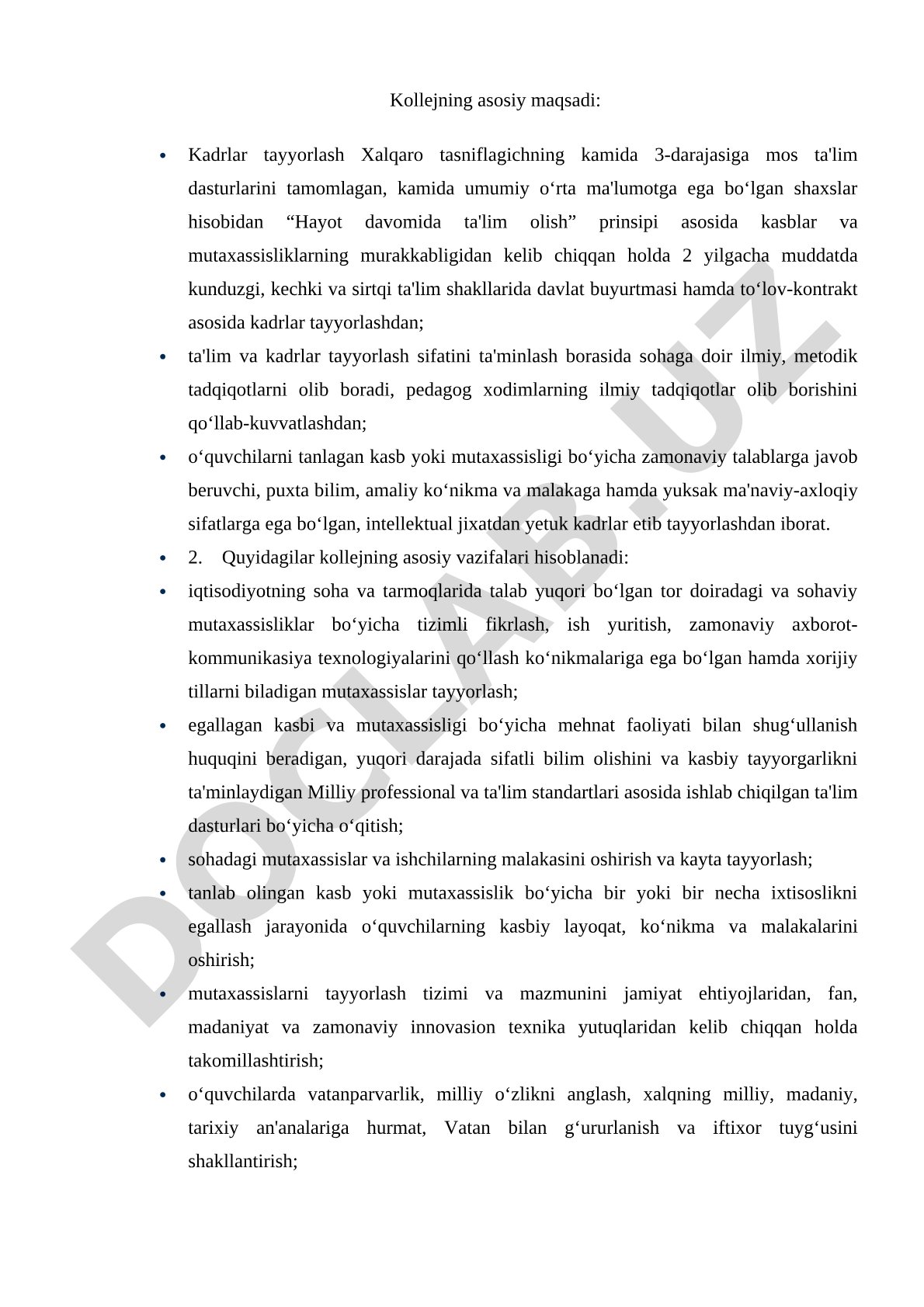 Kollejning asosiy maqsadi va vazifalari