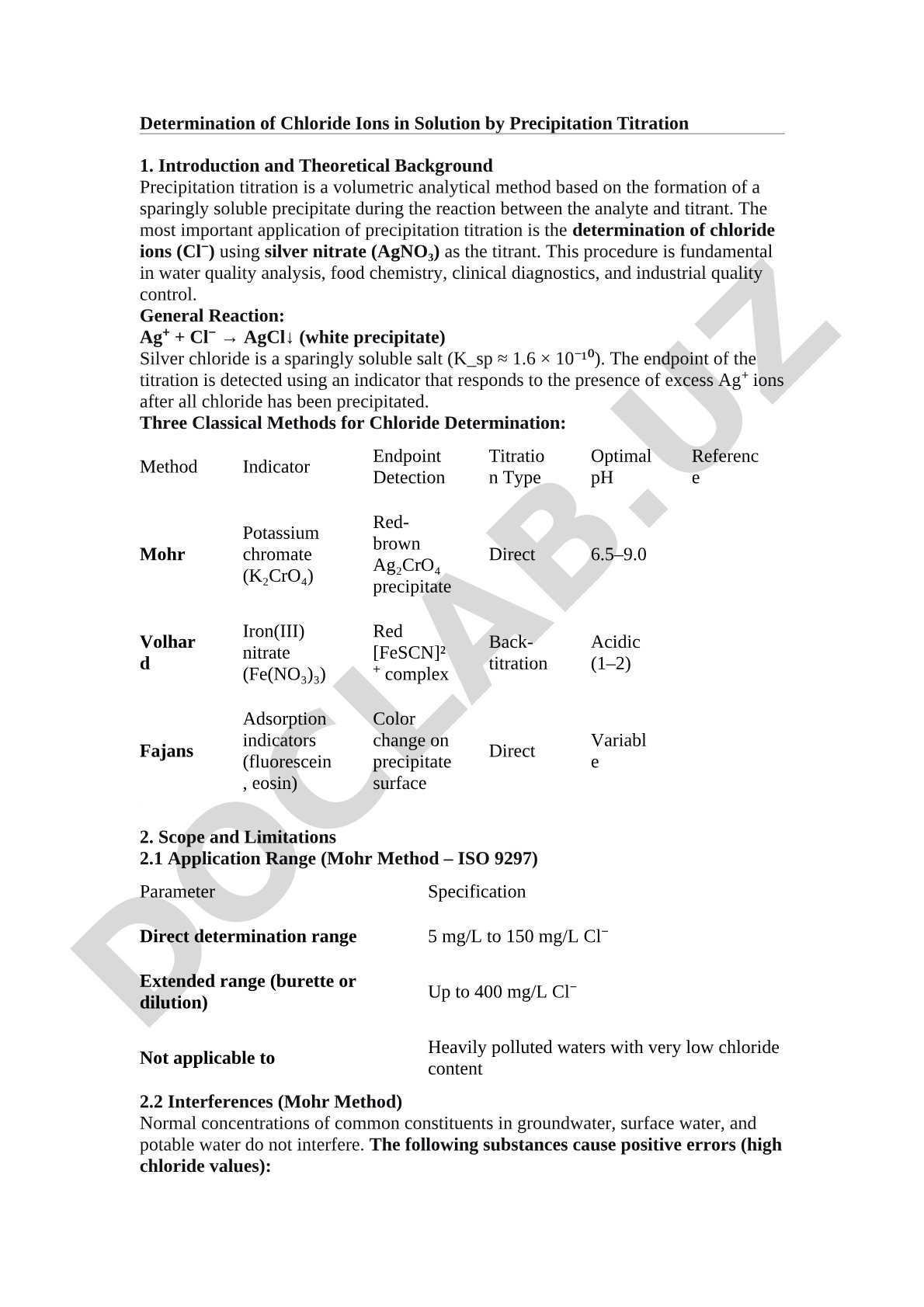 Determination of Chloride Ions in Solution by Precipitation Titration