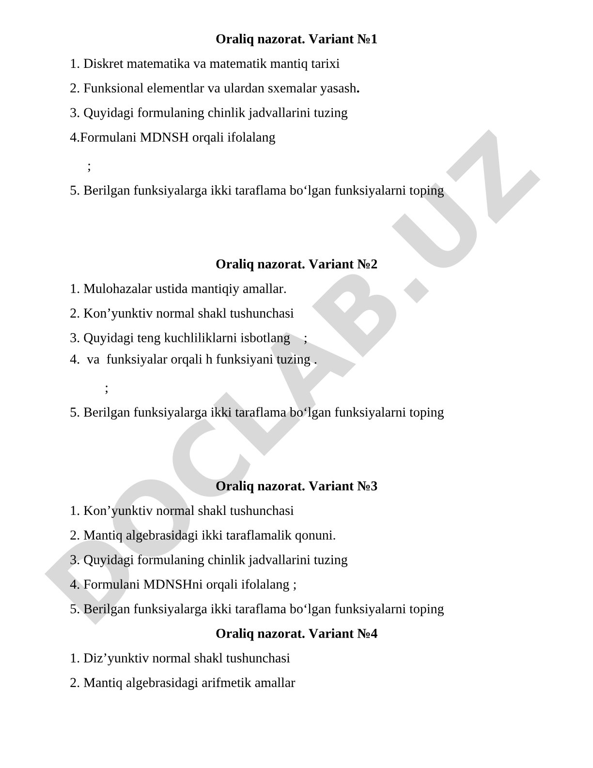 Diskret matematika va matematik mantiq oraliq nazorat variantlari