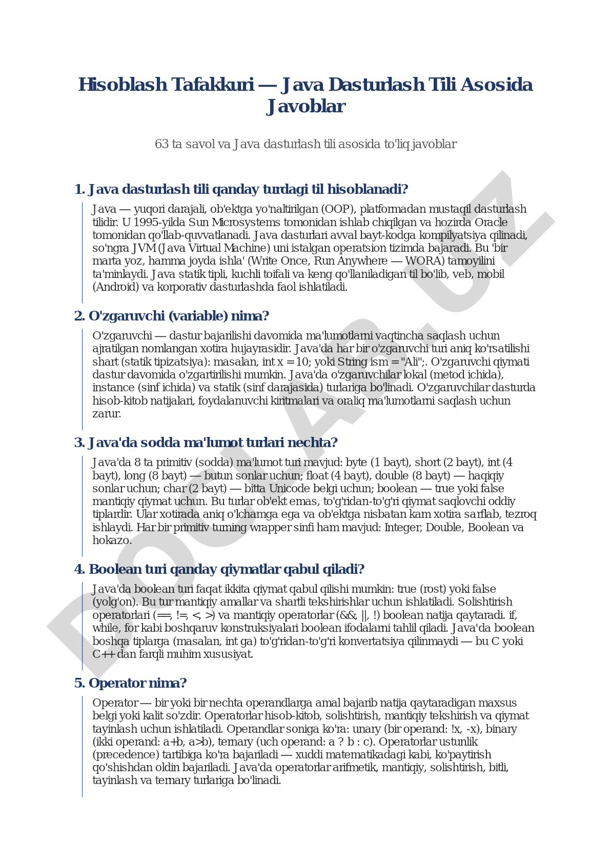 Hisoblash Tafakkuri — Java Dasturlash Tili Asosida Javoblar