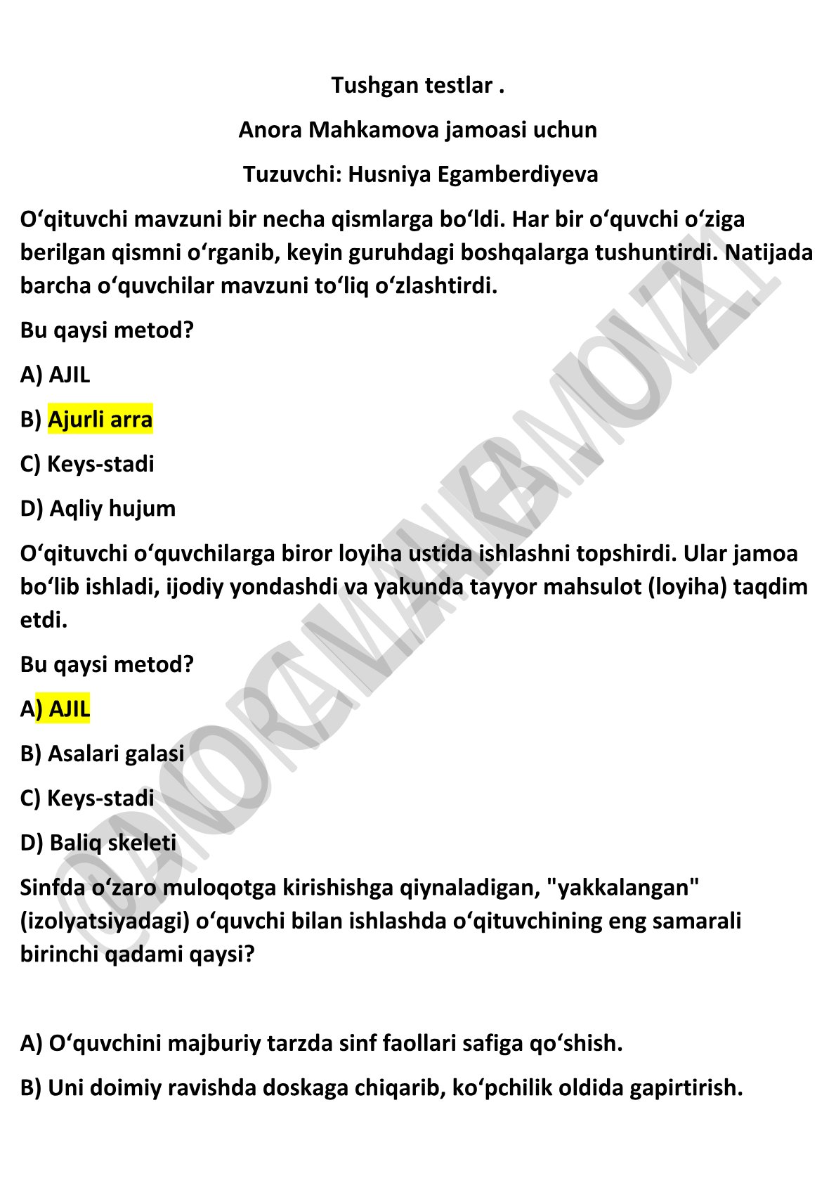 O'qituvchilar uchun ta'lim metodlari bo'yicha test savollari