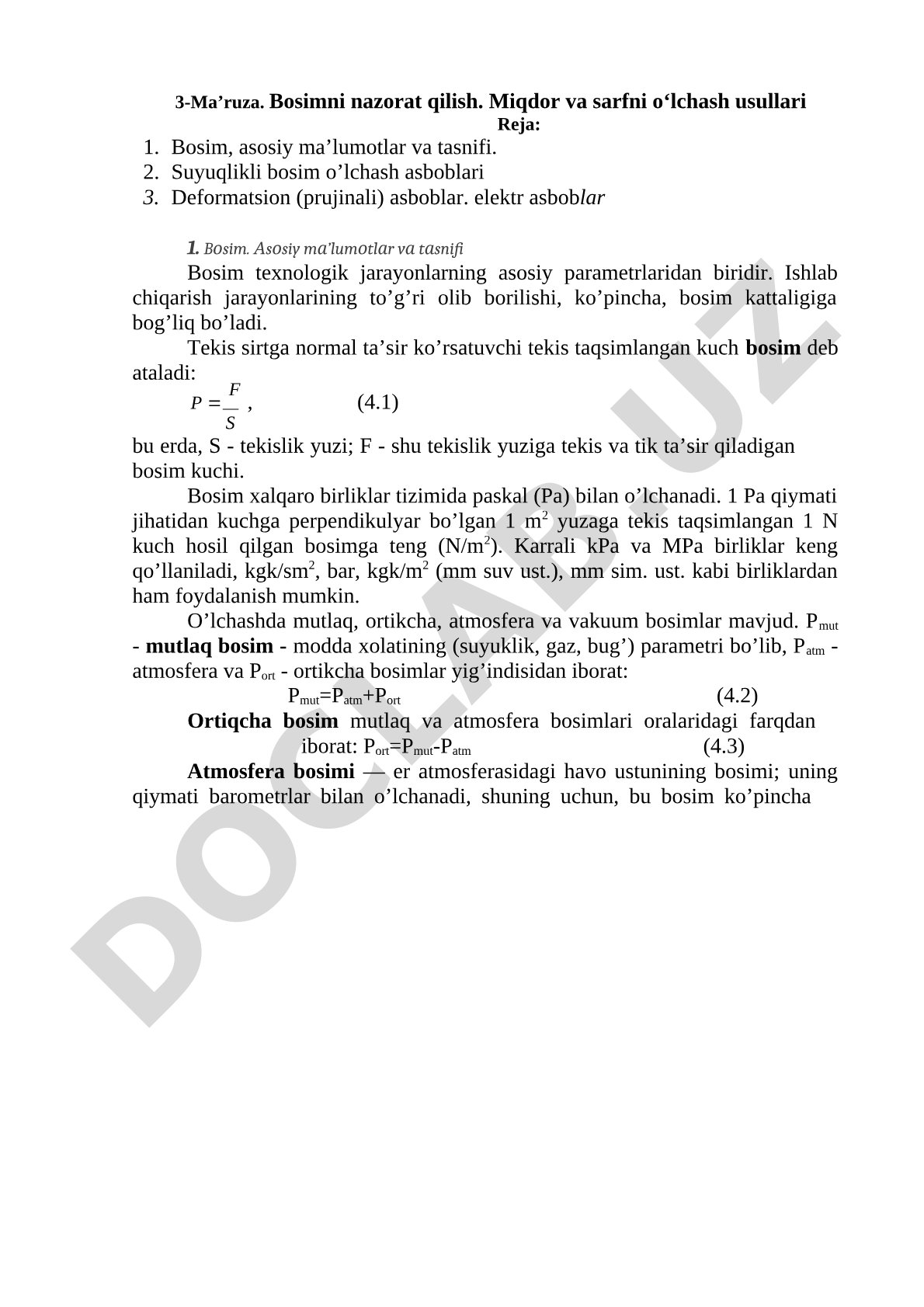 Bosimni nazorat qilish. Miqdor va sarfni o'lchash usullari