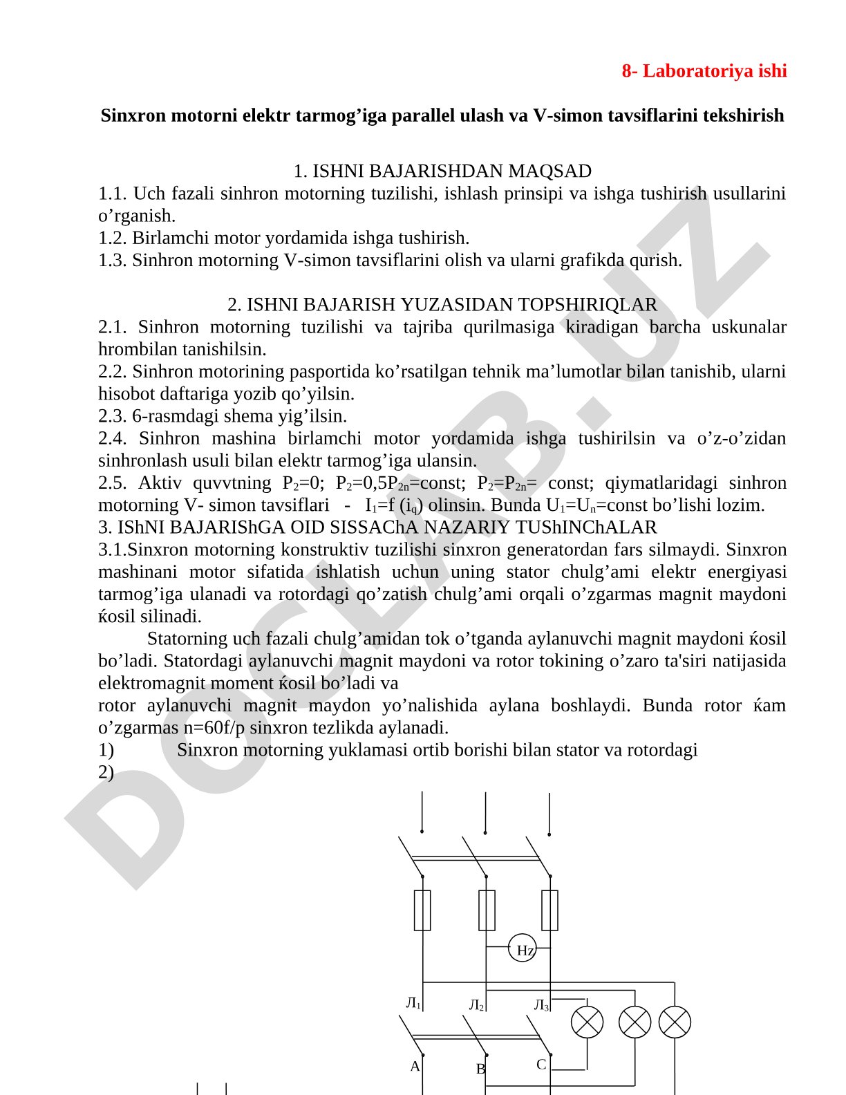 Sinxron motorni elektr tarmog'iga parallel ulash va V-simon tavsiflarini tekshirish
