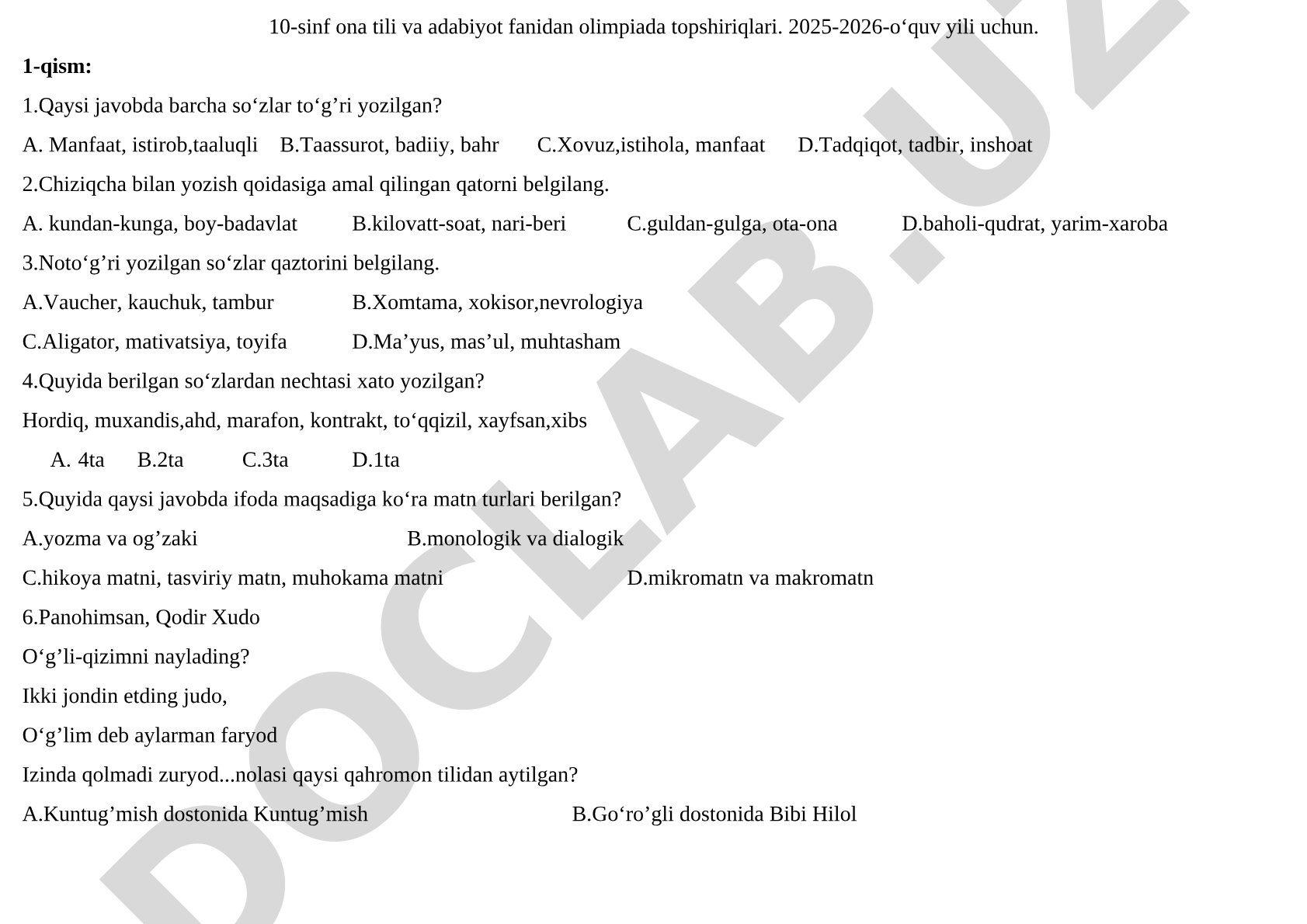 10-sinf ona tili va adabiyot fanidan olimpiada topshiriqlari