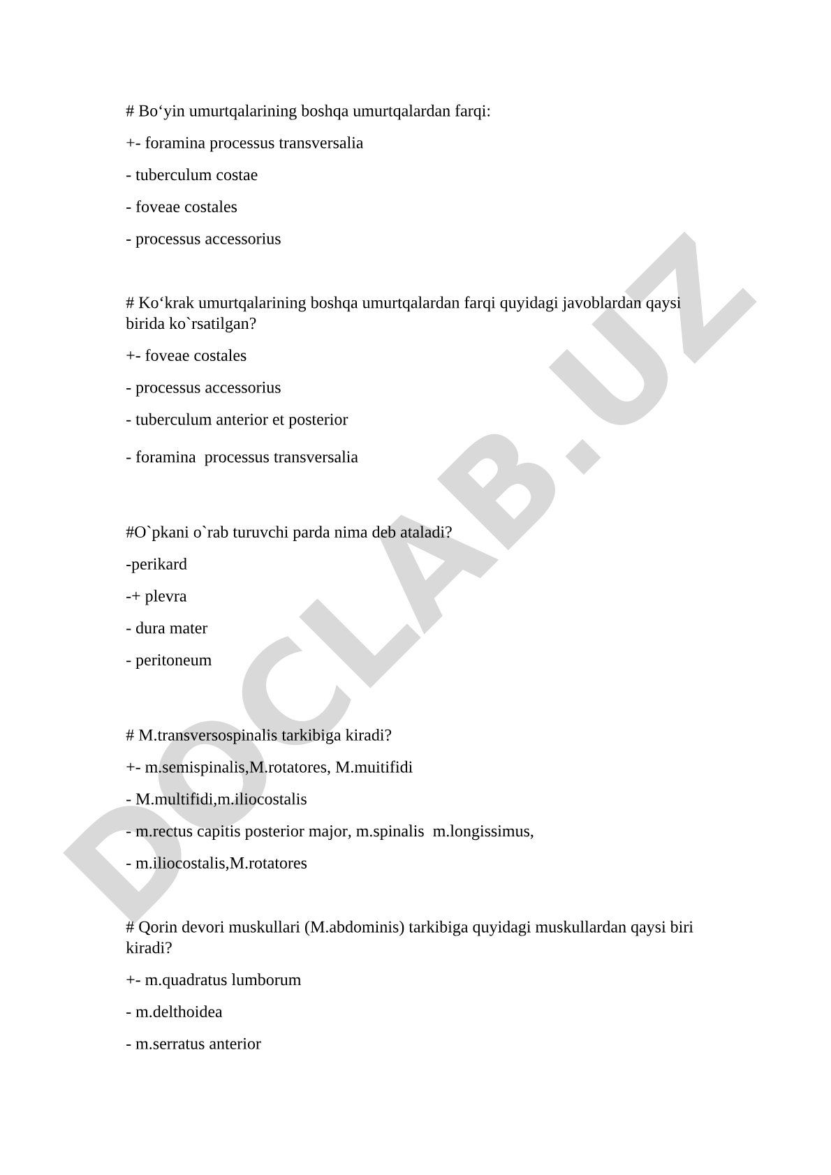 Anatomiya test savollari: umurtqalar va mushaklar