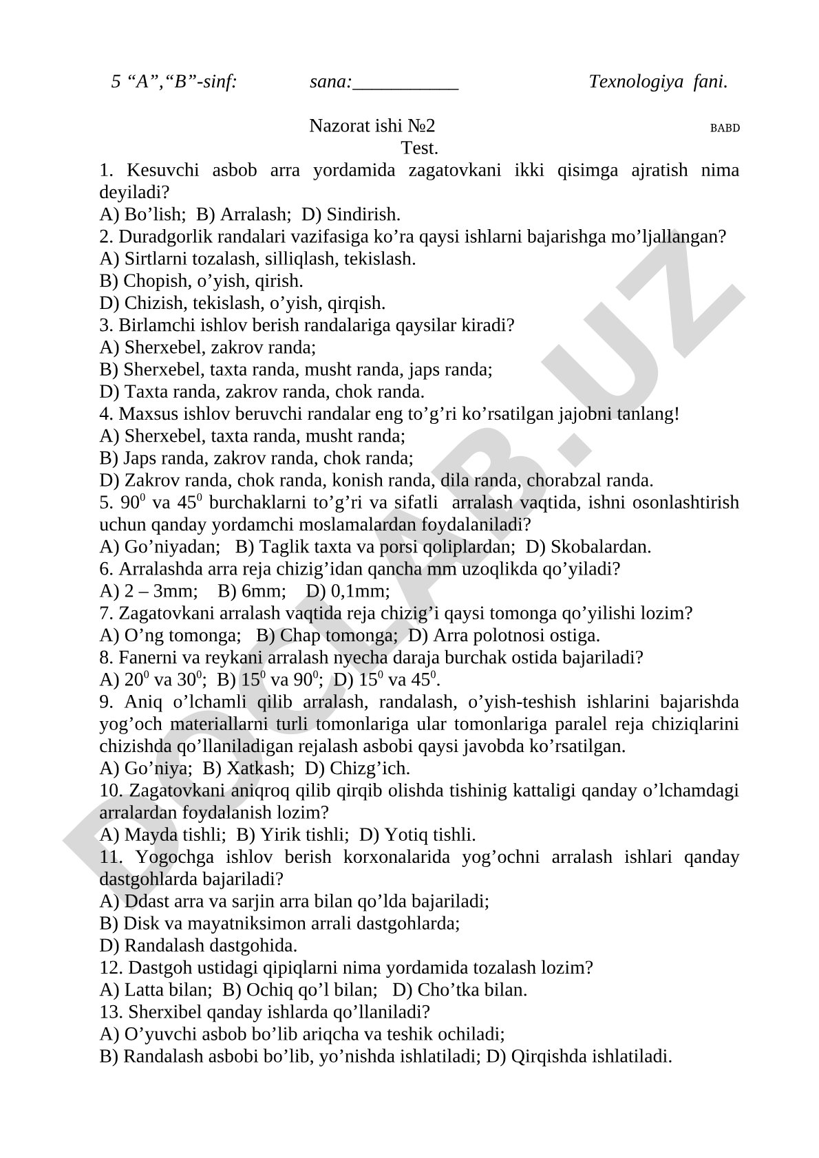 Texnologiya fanidan nazorat ishi №2 BABD Test
