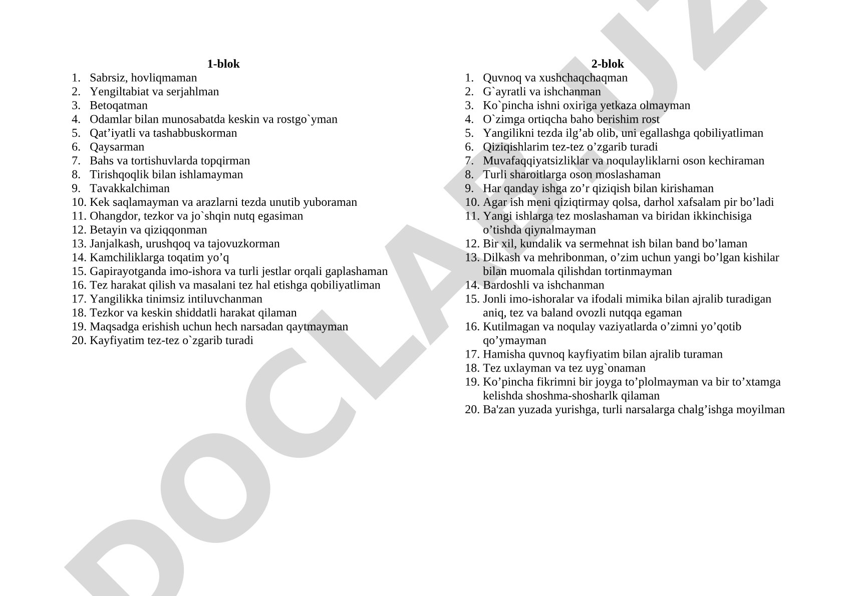 Shaxs temperamentini aniqlash uchun o'z-o'zini baholash so'rovnomasi