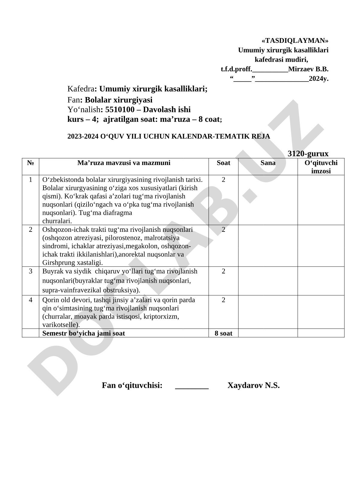 Bolalar xirurgiyasi fanidan kalendar-tematik reja