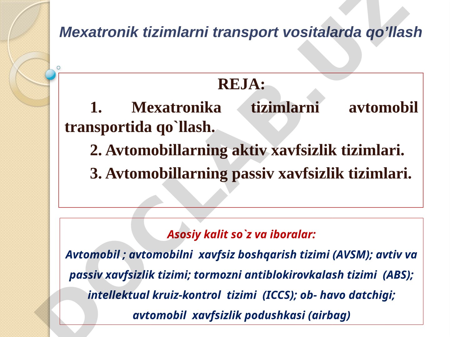 Mexatronik tizimlarni transport vositalarda qo’llash