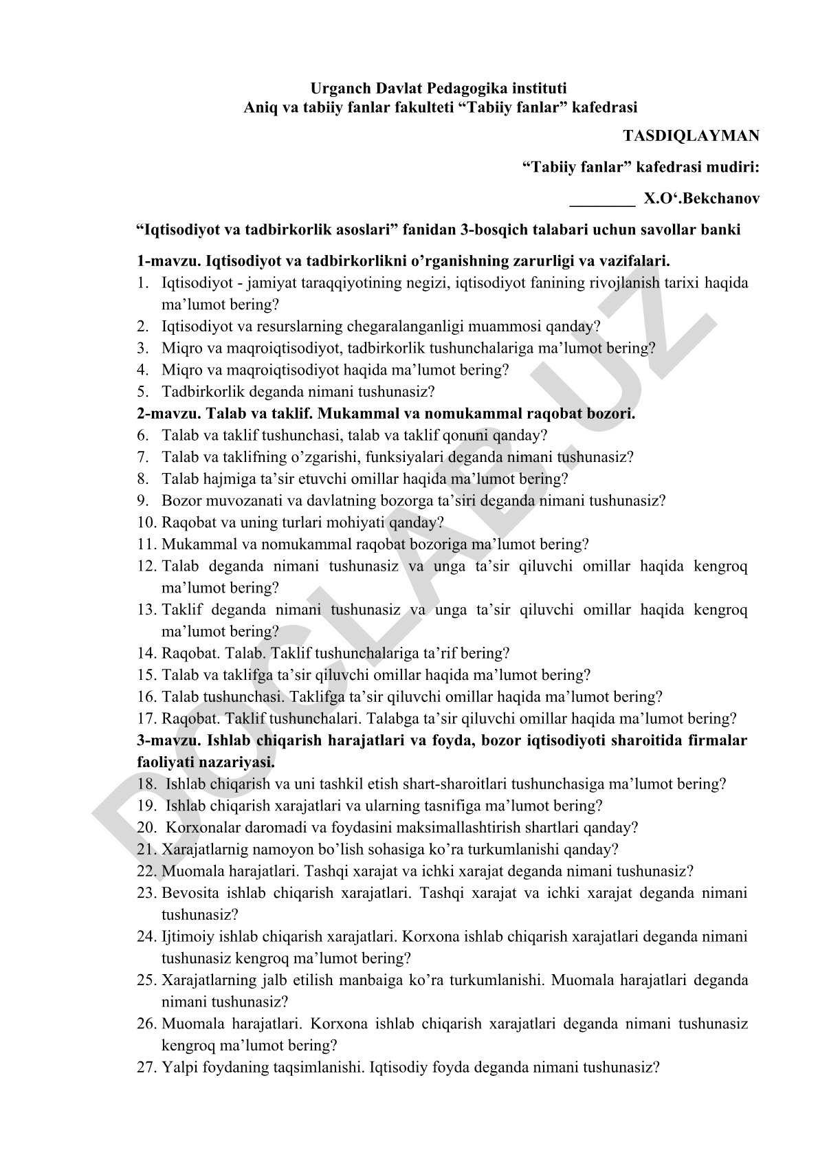 Iqtisodiyot va tadbirkorlik asoslari fanidan savollar banki
