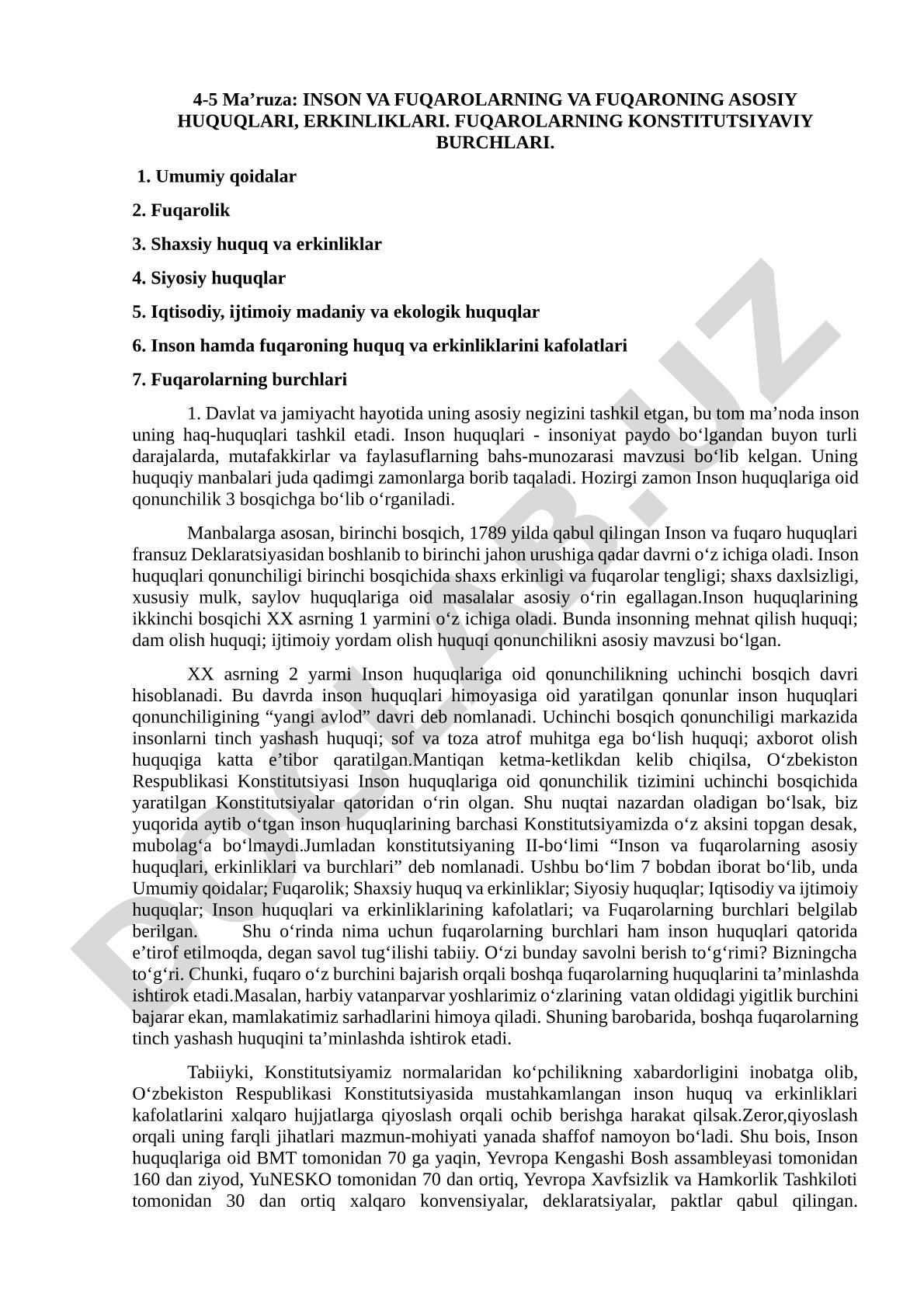 Inson va fuqarolarning asosiy huquqlari, erkinliklari va fuqarolarning konstitutsiyaviy burchlari