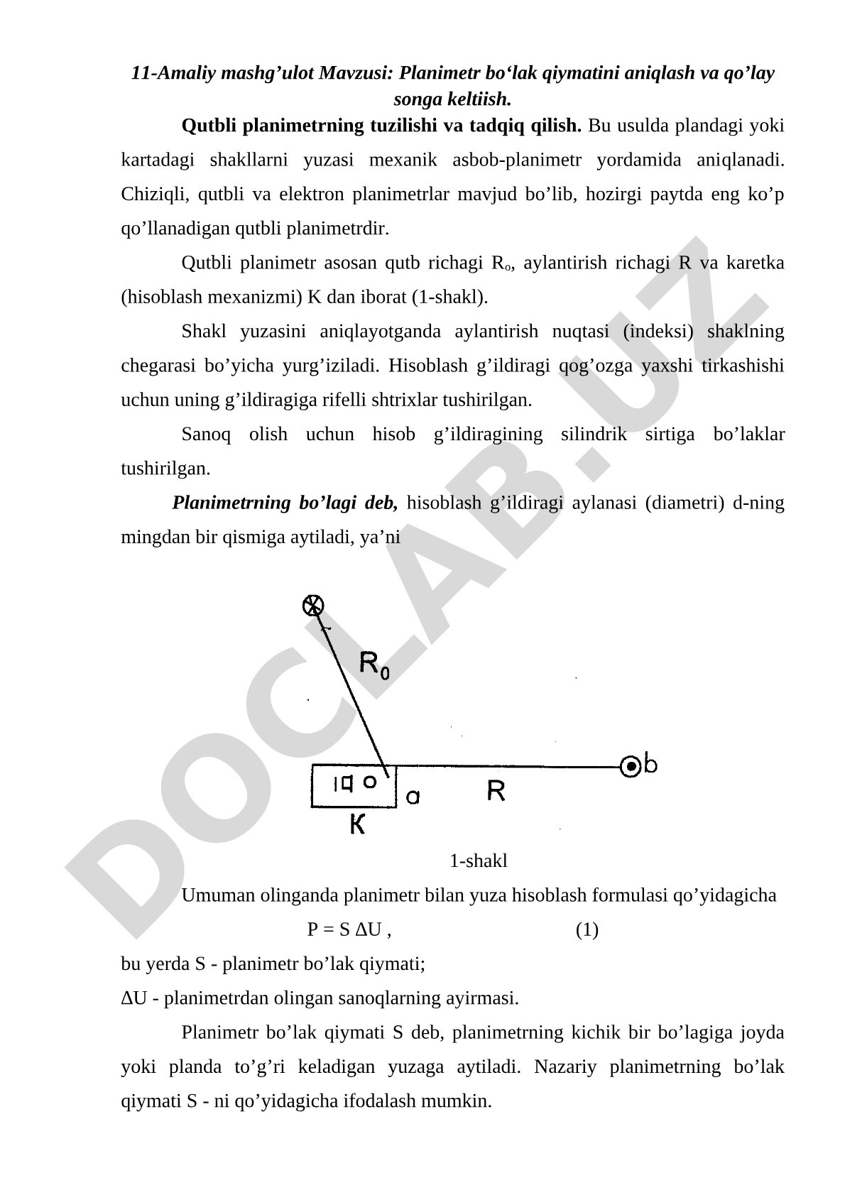 Planimetr bo‘lak qiymatini aniqlash va qo‘lay songa keltirish