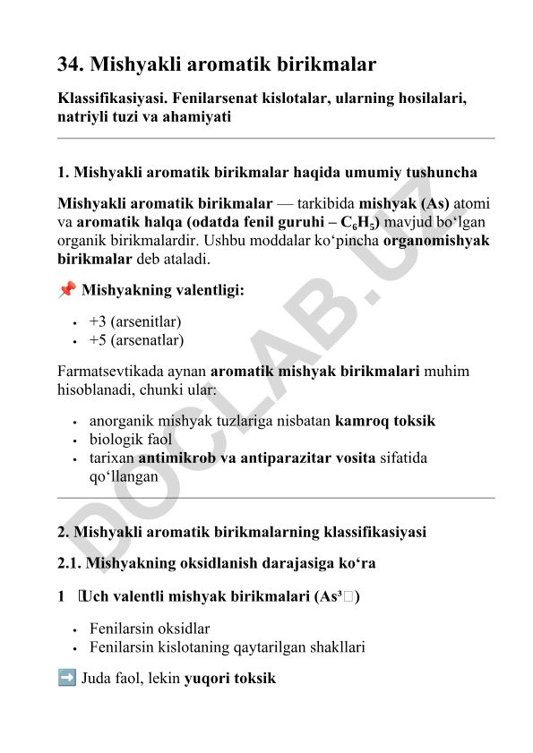 Mishyakli aromatik birikmalar klassifikasiyasi va fenilarsenat kislotalar