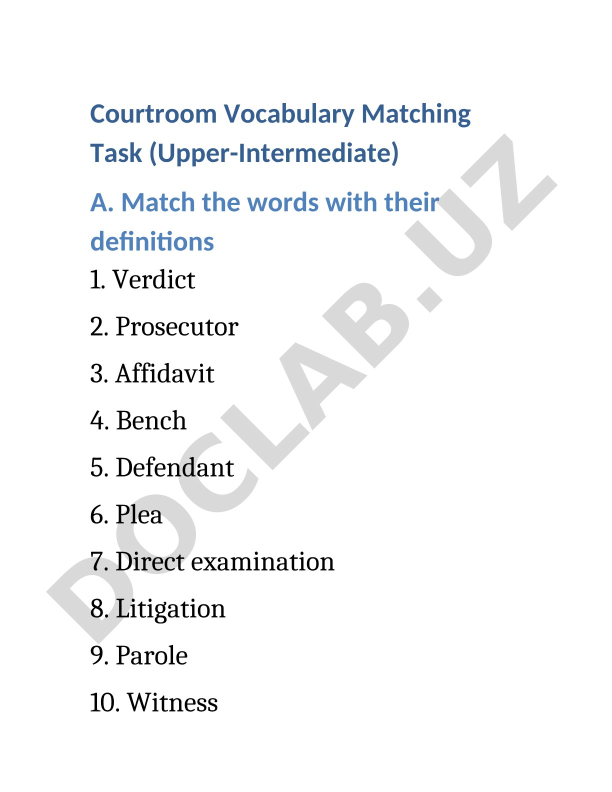 Courtroom Vocabulary Matching Task