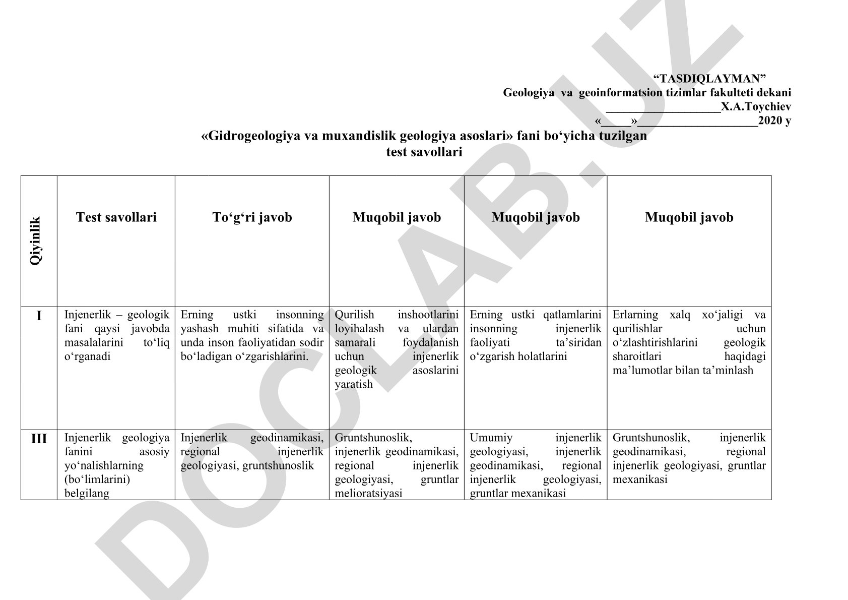 Gidrogeologiya va muxandislik geologiya asoslari fani test savollari