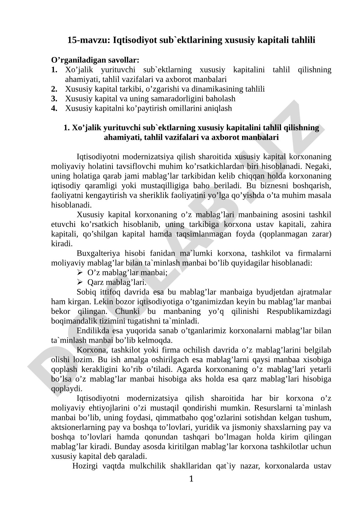 Iqtisоdiyot sub`ektlarining xususiy kapitali tahlili