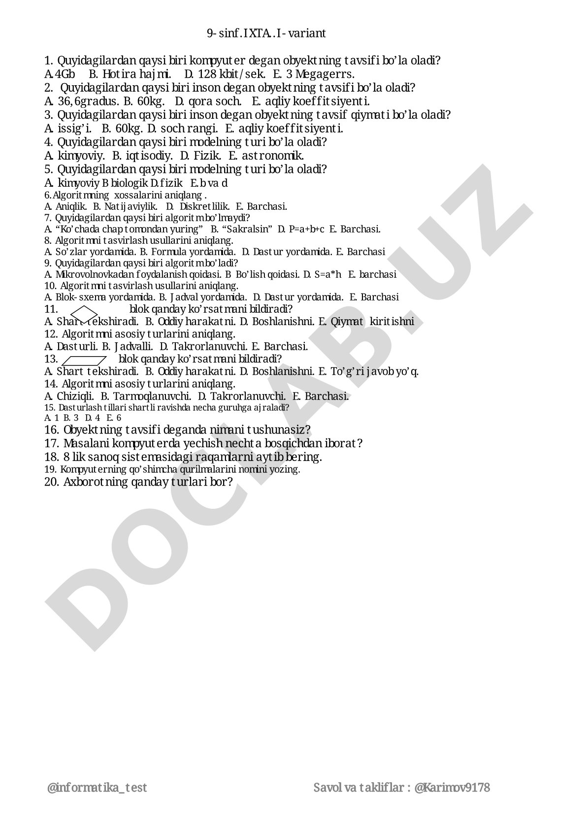Informatika test savol va takliflar 9-sinf I-variant