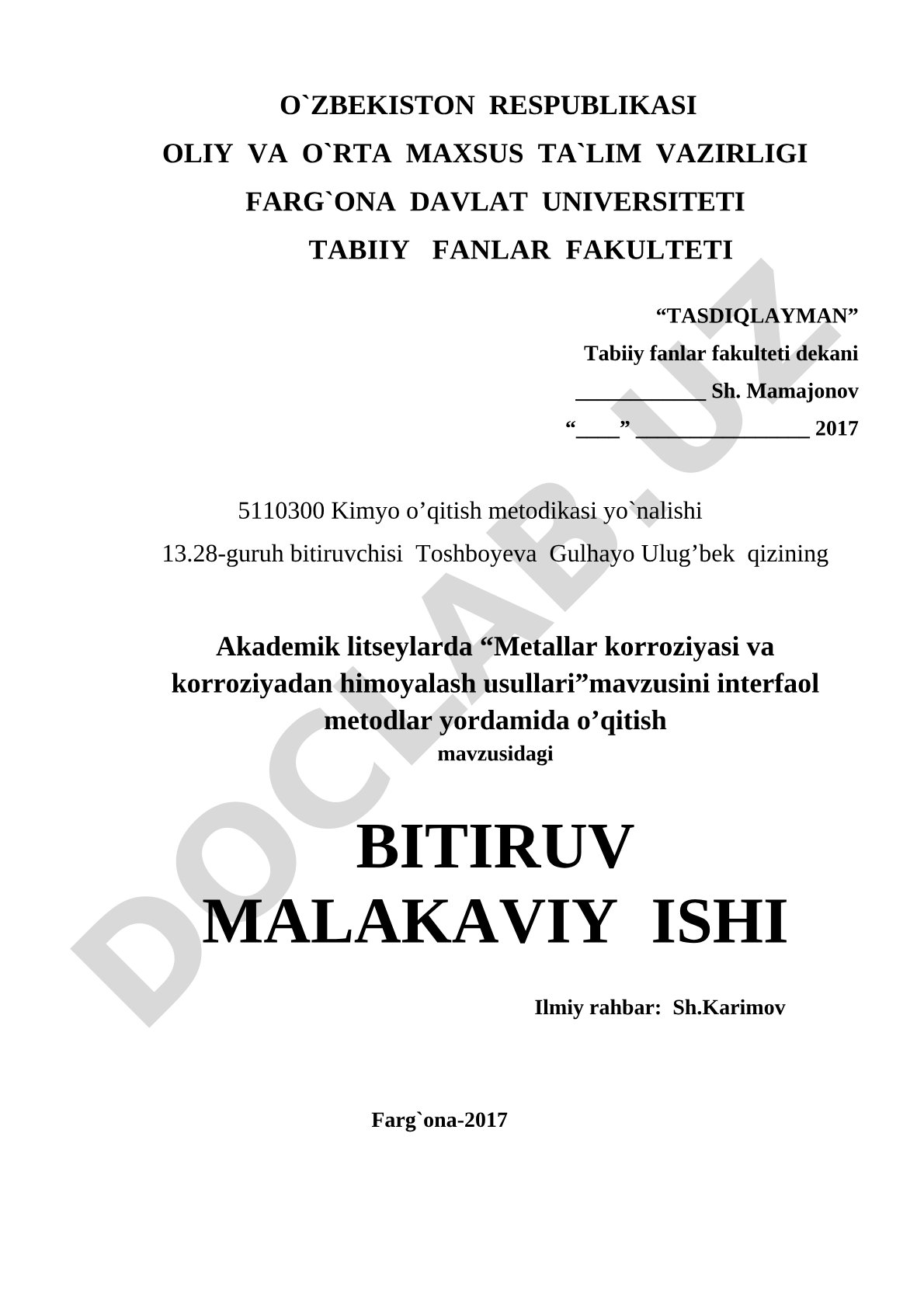 Akademik litseylarda metallar korroziyasi va korroziyadan himoyalash usullarini interfaol o'qitish