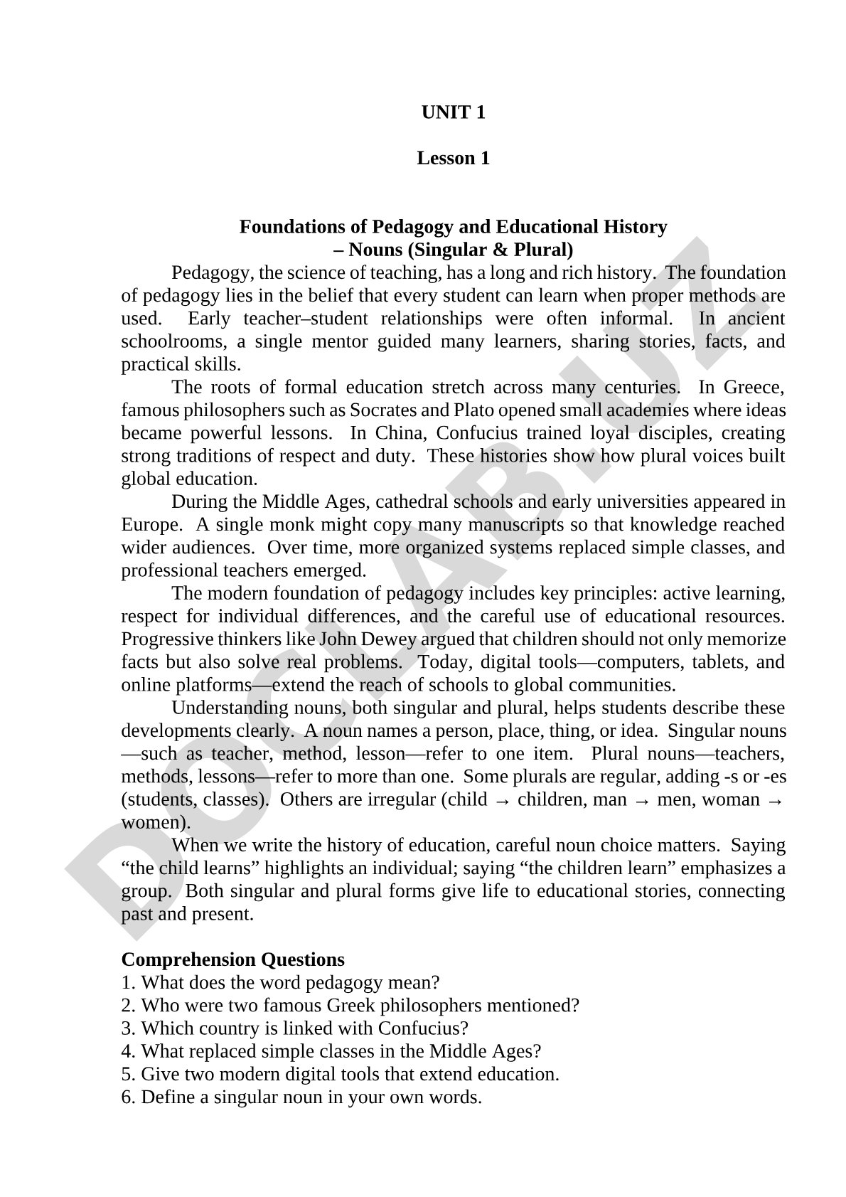 Foundations of Pedagogy and Educational History – Nouns (Singular & Plural)