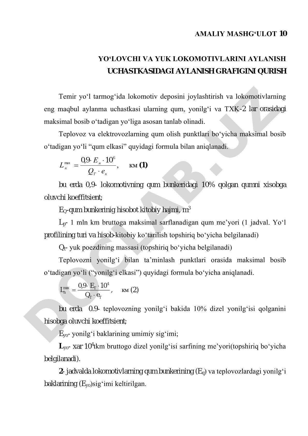 Yo‘lovchi va yuk lokomotivlarini aylanish uchastkasidagi aylanish grafigini qurish