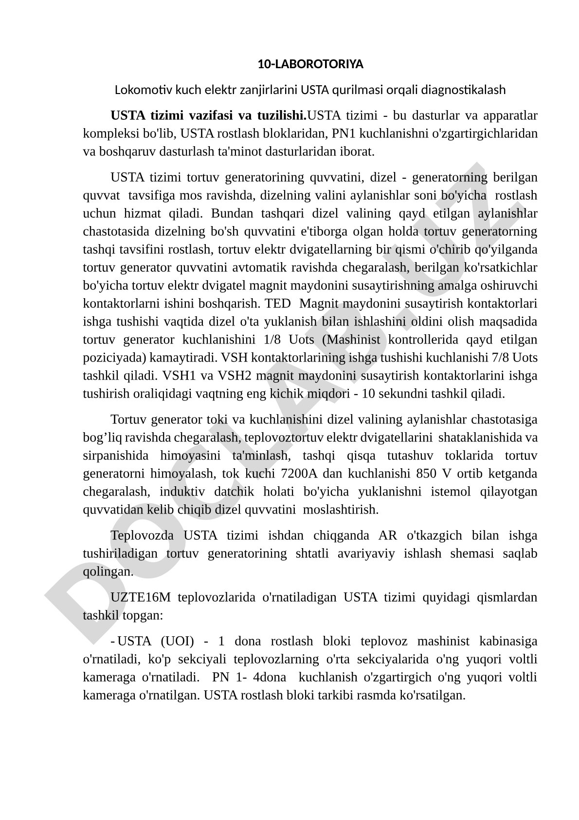 Lokomotiv kuch elektr zanjirlarini USTA qurilmasi orqali diagnostikalash