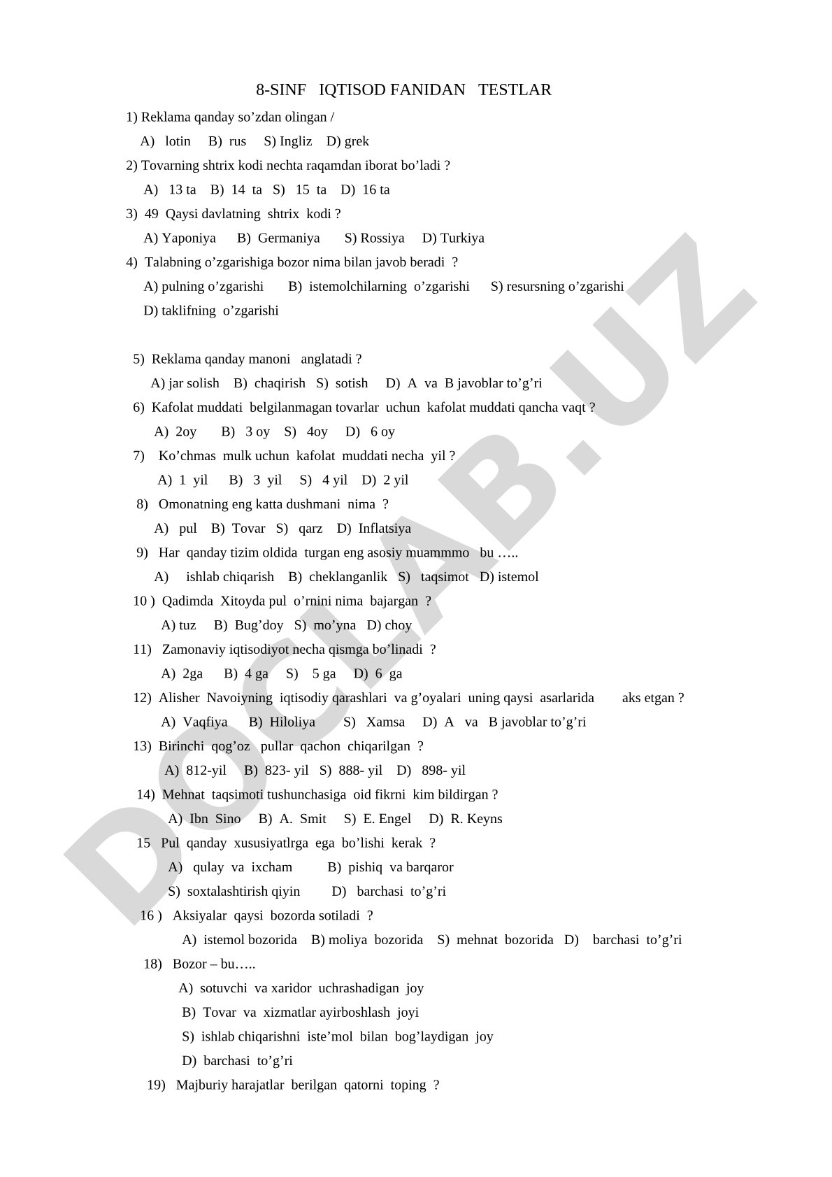 8-sinf iqtisod fanidan testlar