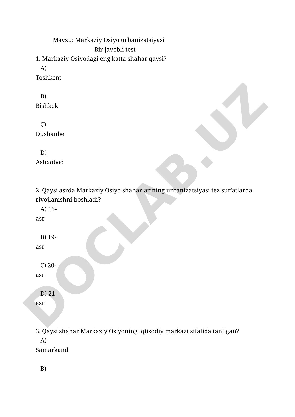 Markaziy Osiyo urbanizatsiyasi Bir javobli test