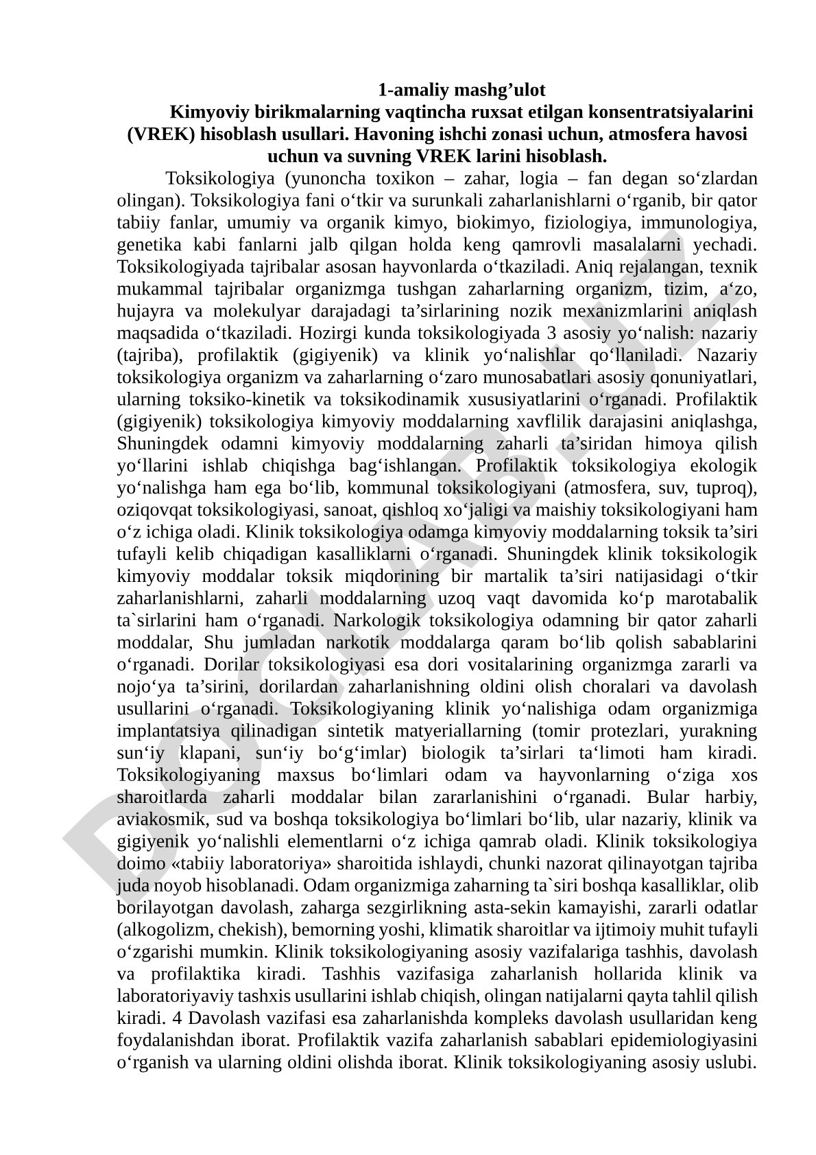 Kimyoviy birikmalarning vaqtincha ruxsat etilgan konsentratsiyalarini hisoblash usullari