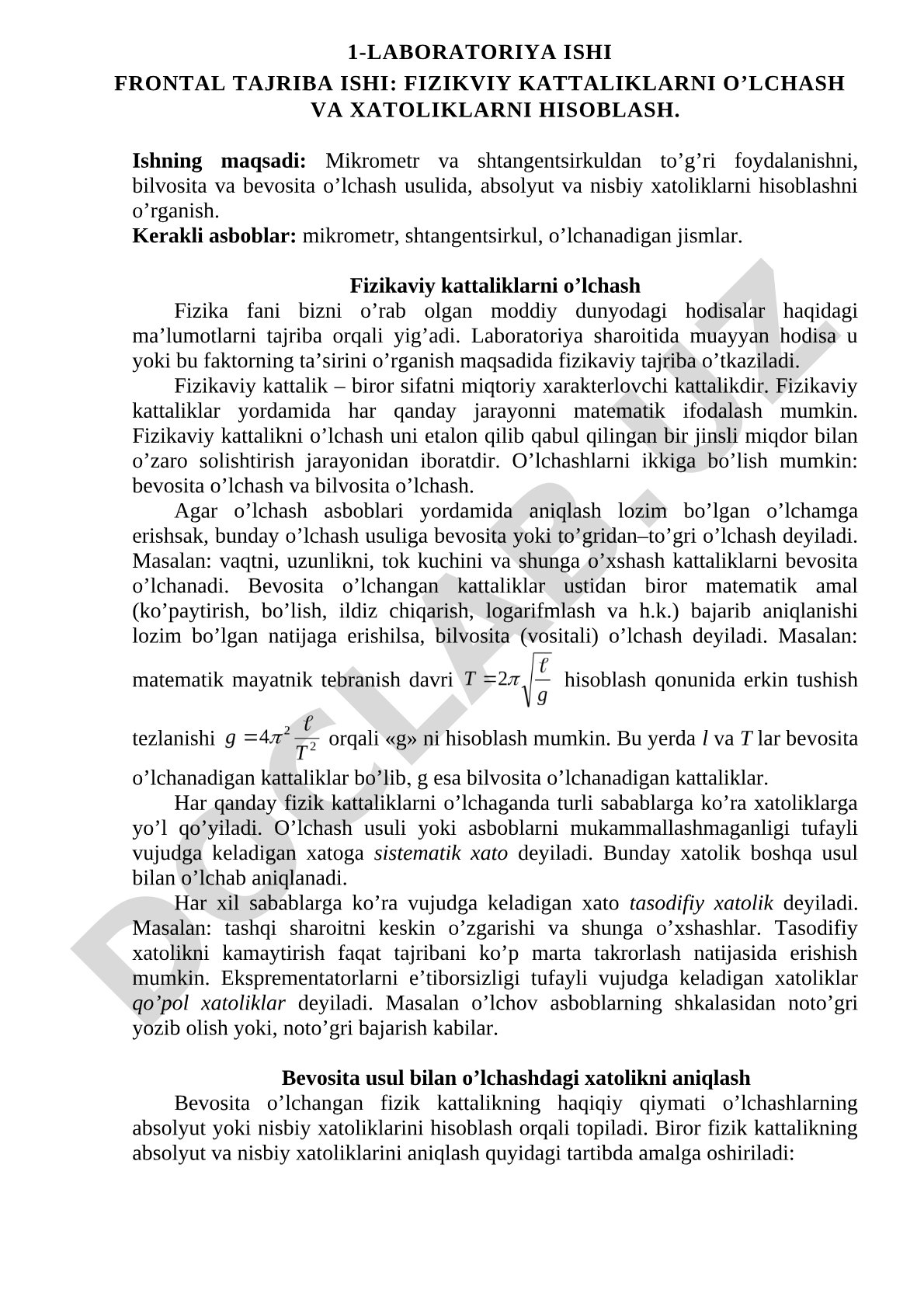 Fizikviy kattaliklarni o'lchash va xatoliklarni hisoblash