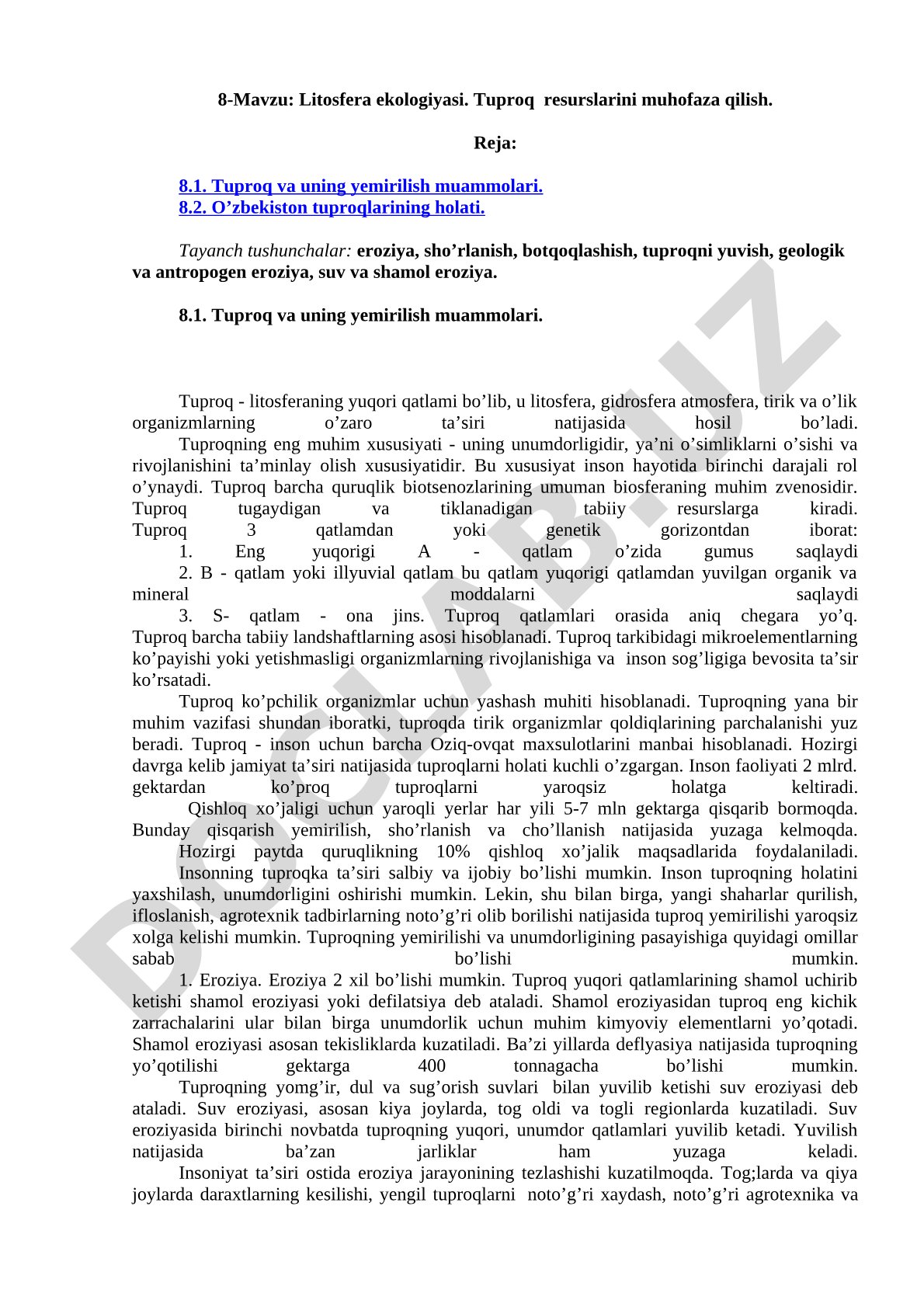 Litosfera ekologiyasi. Tuproq resurslarini muhofaza qilish