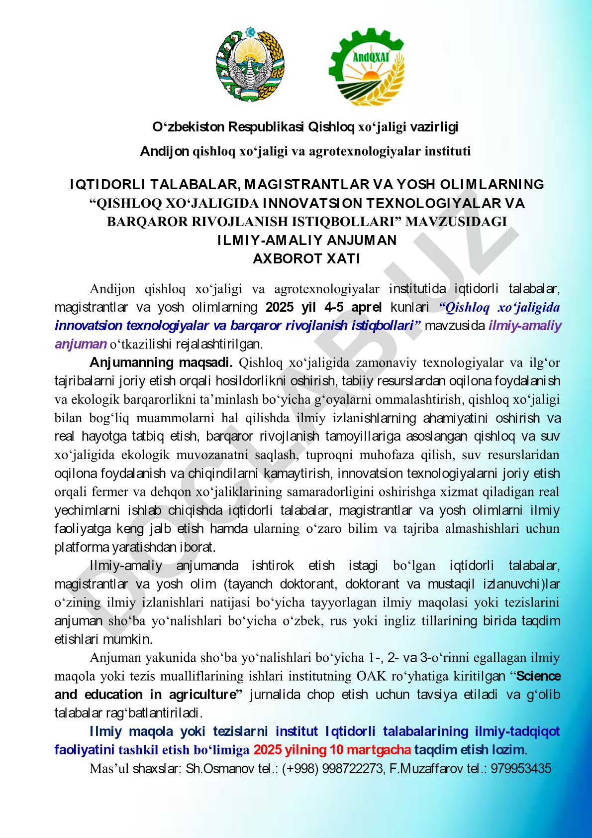 Qishloq xo'jaligida innovatsion texnologiyalar va barqaror rivojlanish istiqbollari
