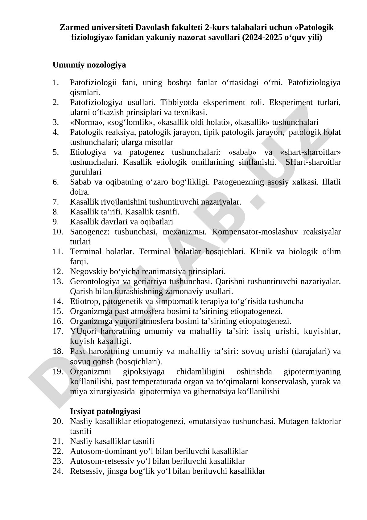 «Patologik fiziologiya» fanidan yakuniy nazorat savollari