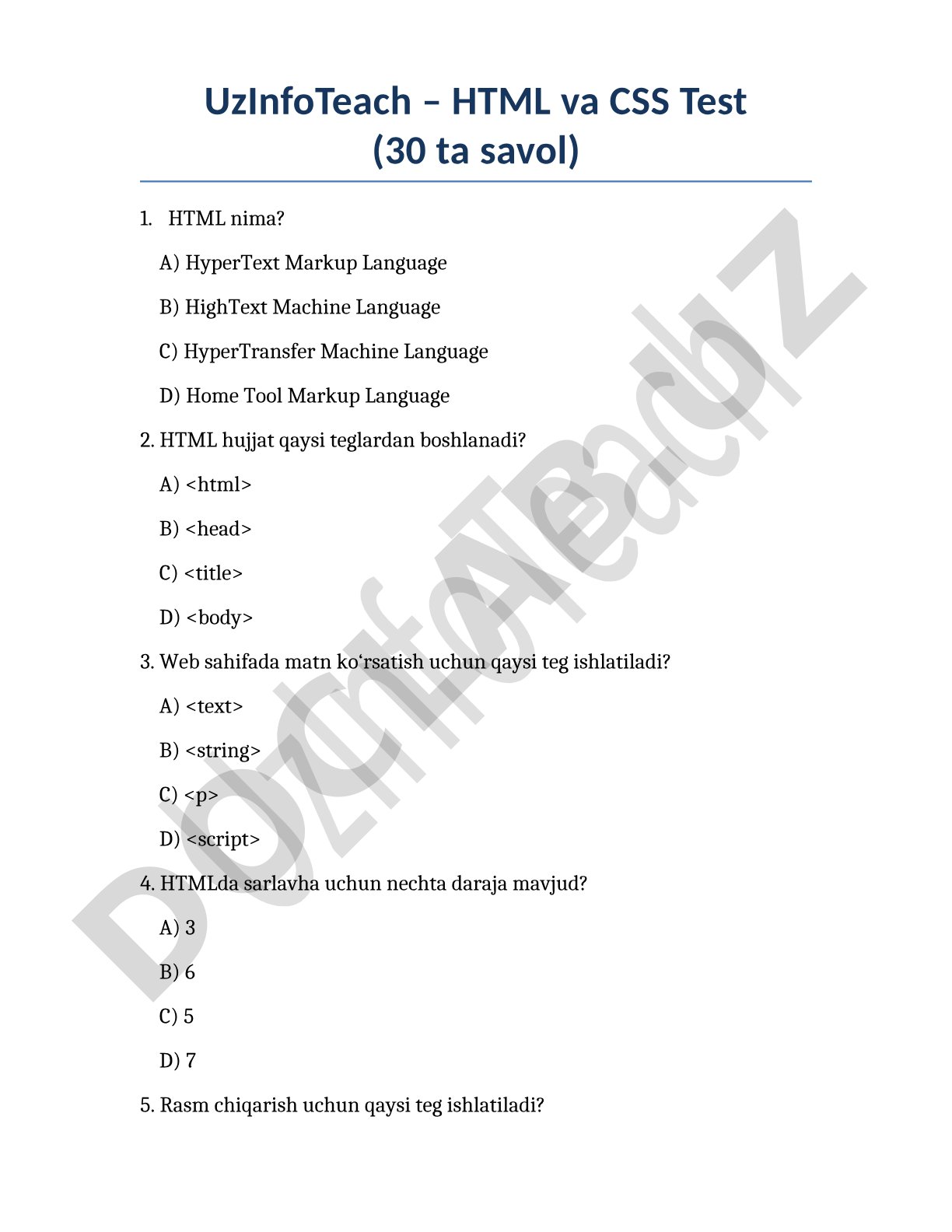 HTML va CSS bo'yicha test savollari