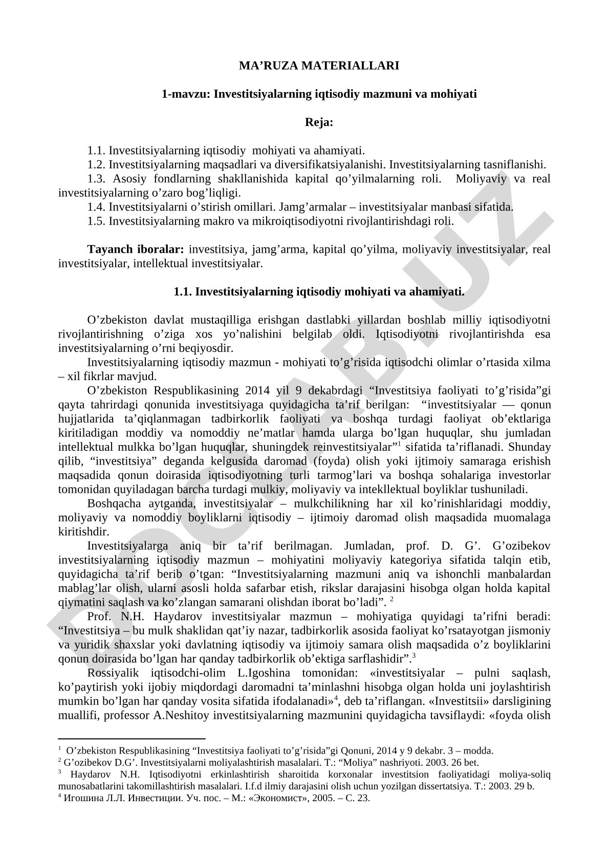 Investitsiyalarning iqtisodiy mazmuni va mohiyati