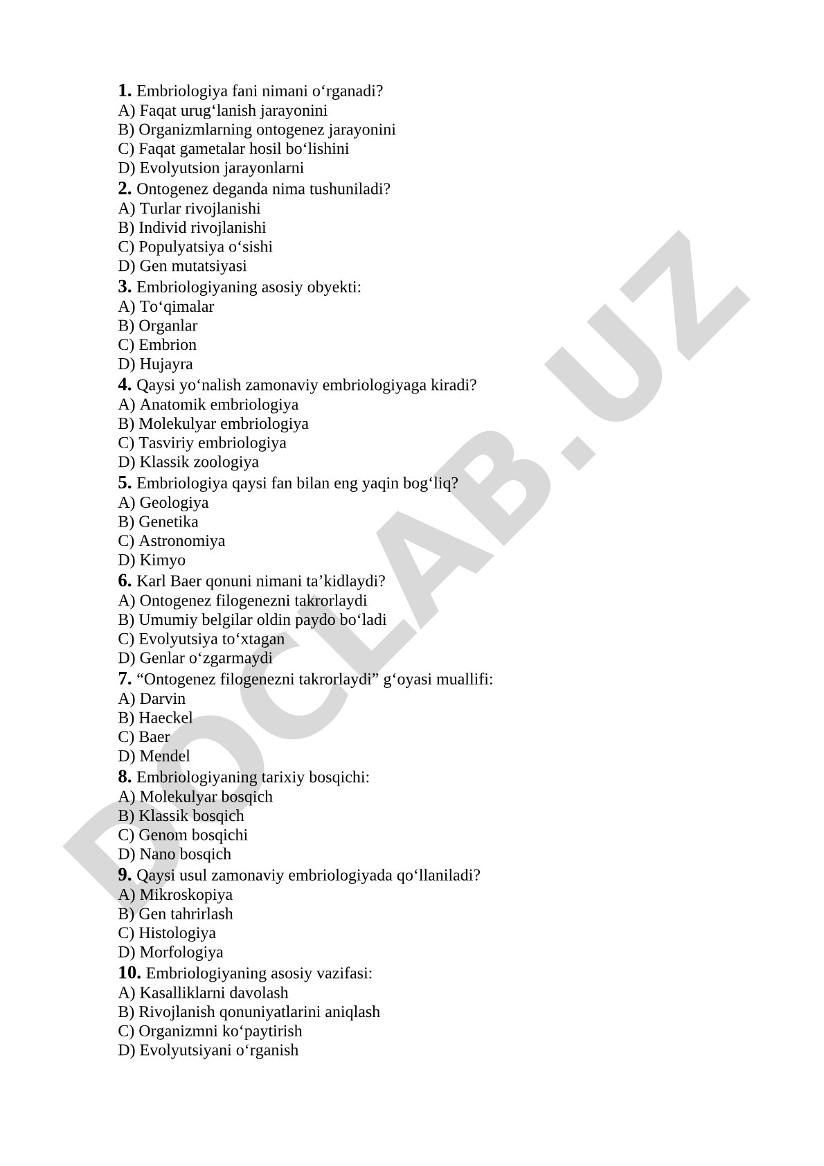 Embriologiya fanidan test savollari