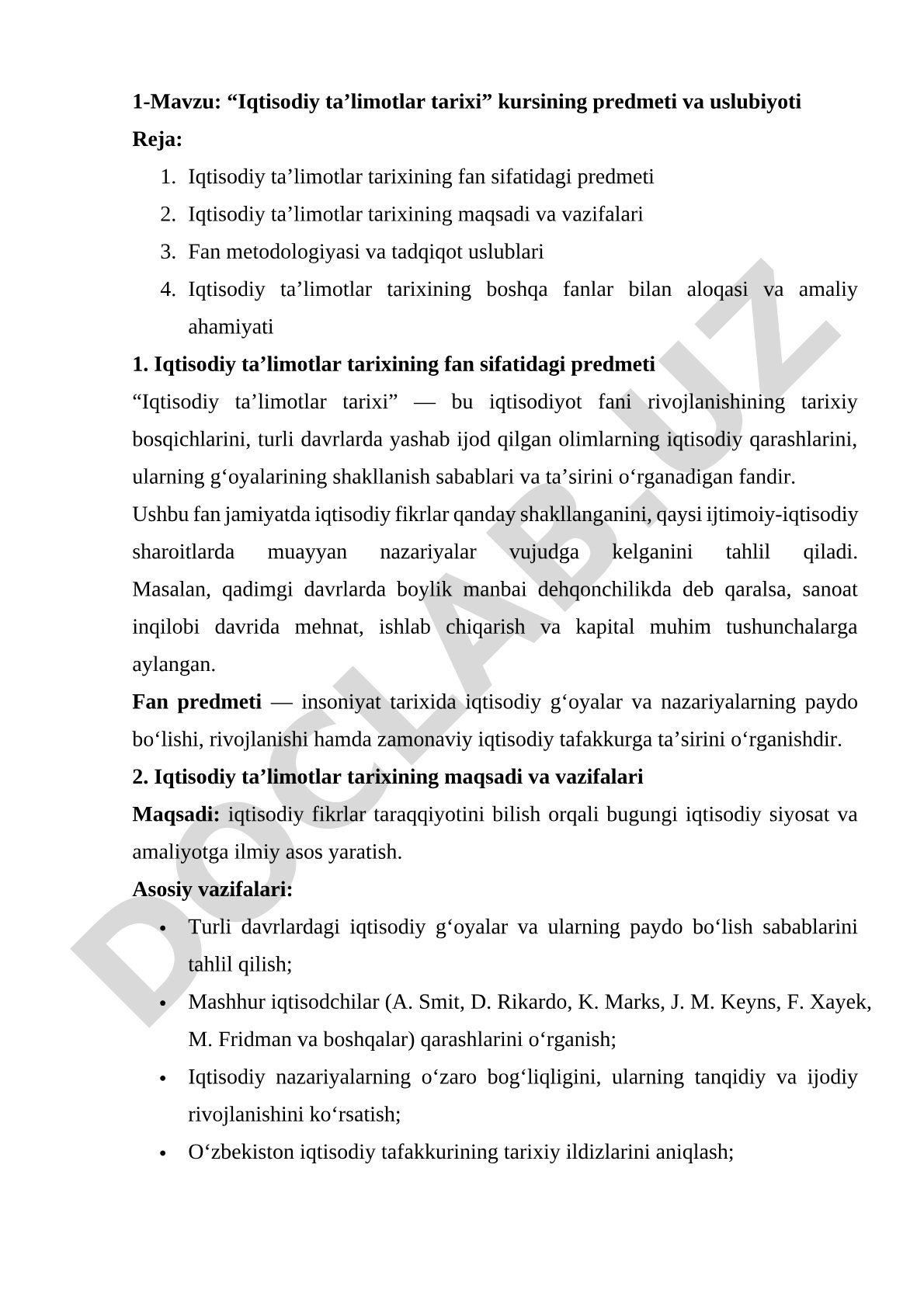 Iqtisodiy ta’limotlar tarixi kursining predmeti va uslubiyoti