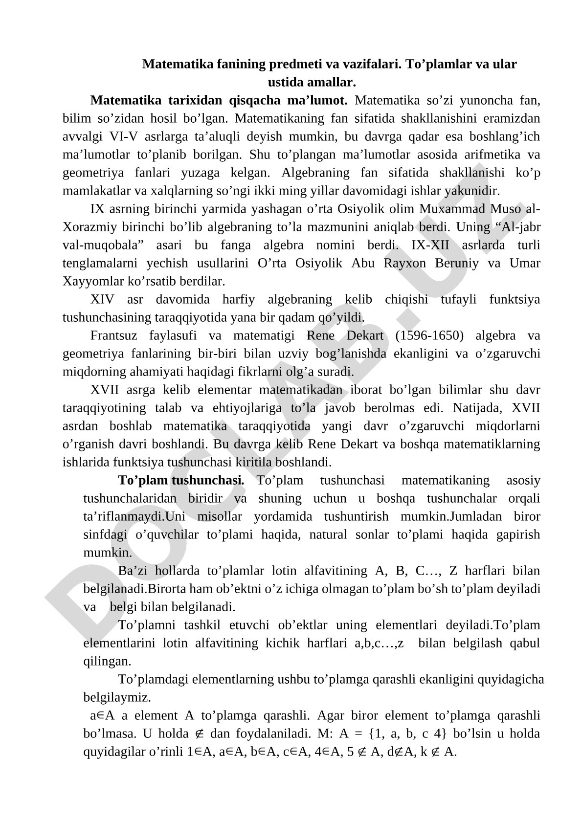 Matematika fanining predmeti va vazifalari